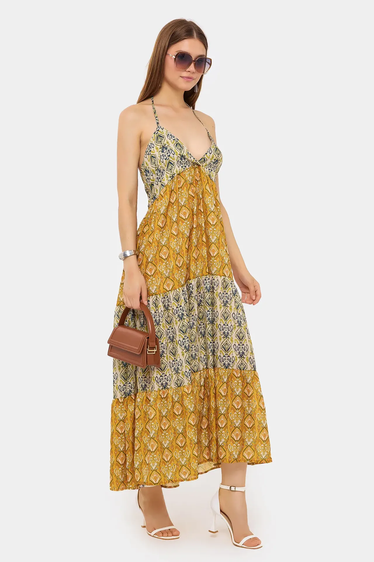 Patterned Maxi Dress with Tie-Back