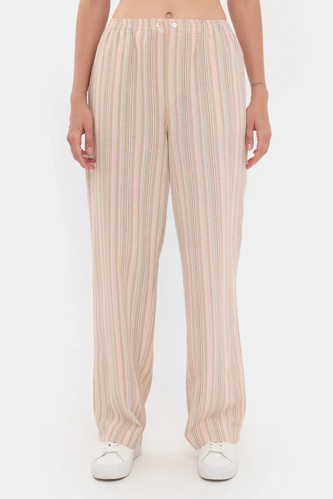 High-Waist Striped Woven Trousers with Elastic Waist and Button Detail