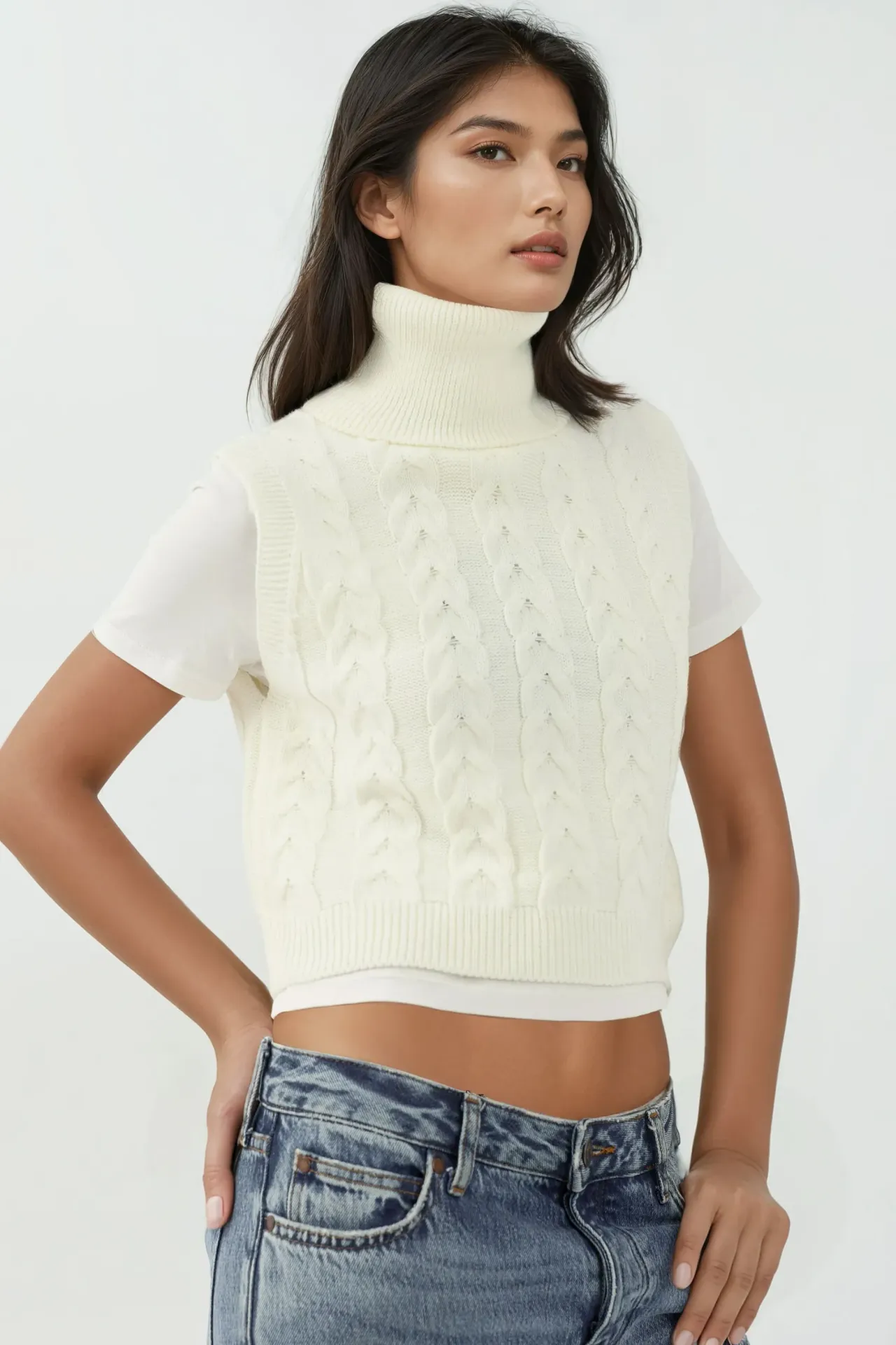 Turtleneck Knitwear Sweater Vest with Hair Braid Pattern 2