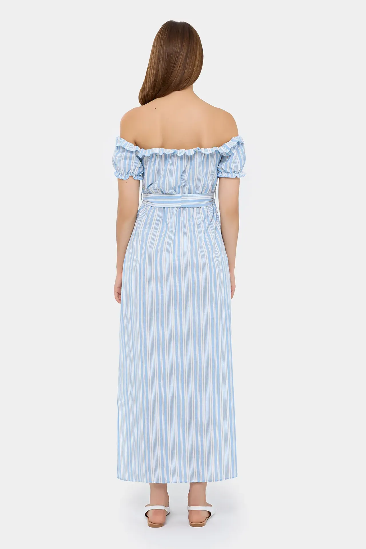 Striped Off-Shoulder Maxi Dress with Slit