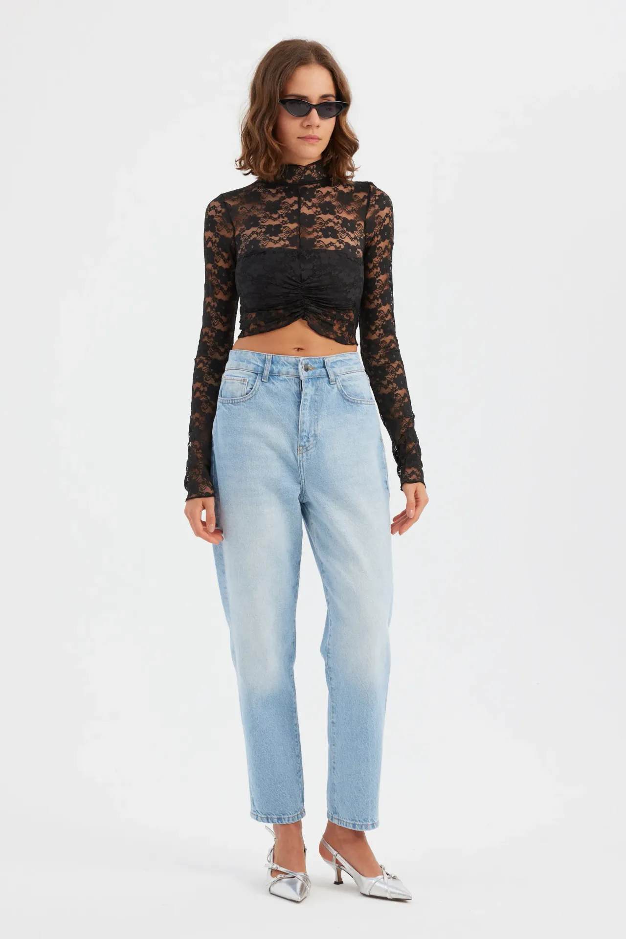 Floral Lace High Neck Long Sleeve Cropped Top