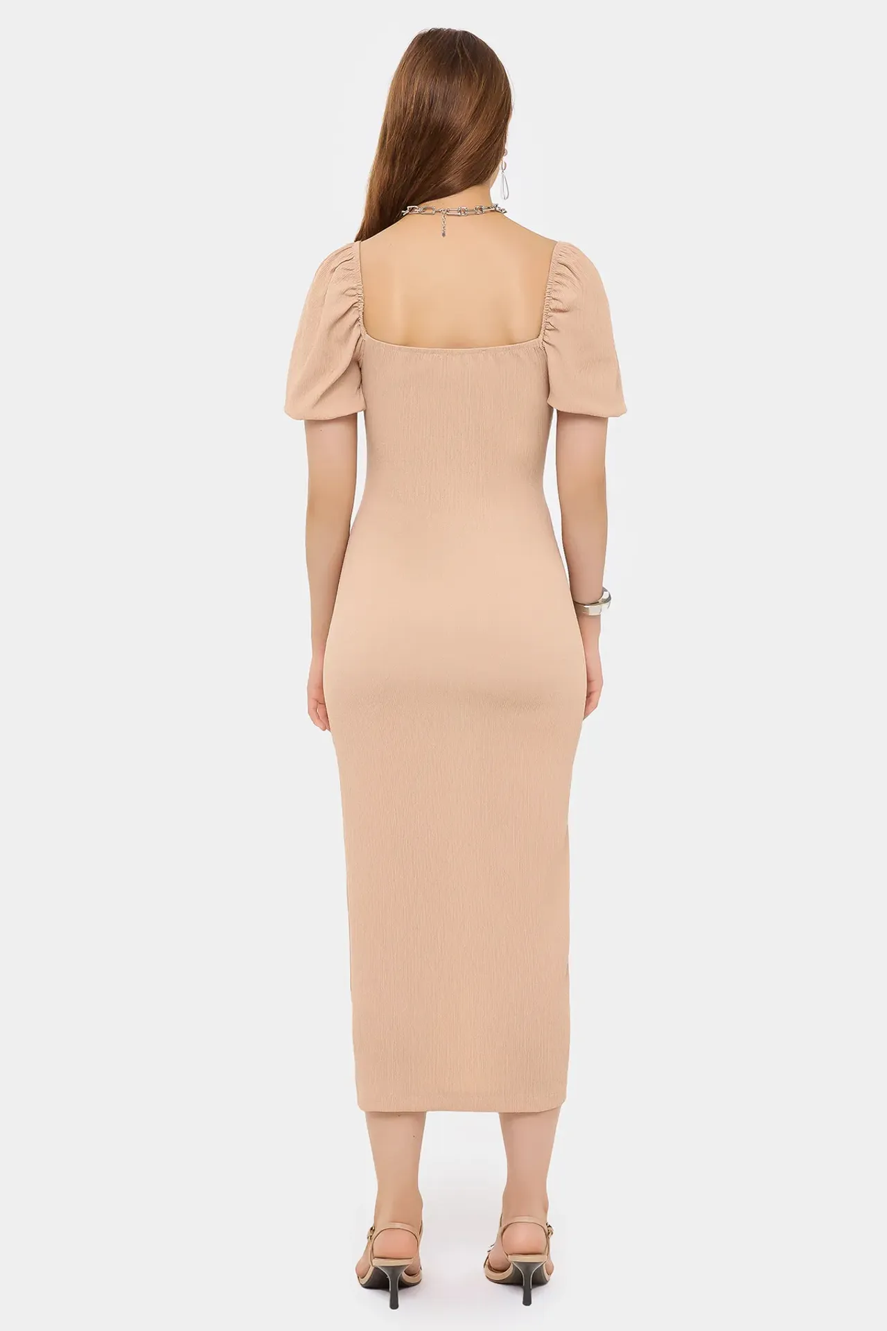 Sweetheart Neck Puff Sleeve Midi Dress with Side Slit