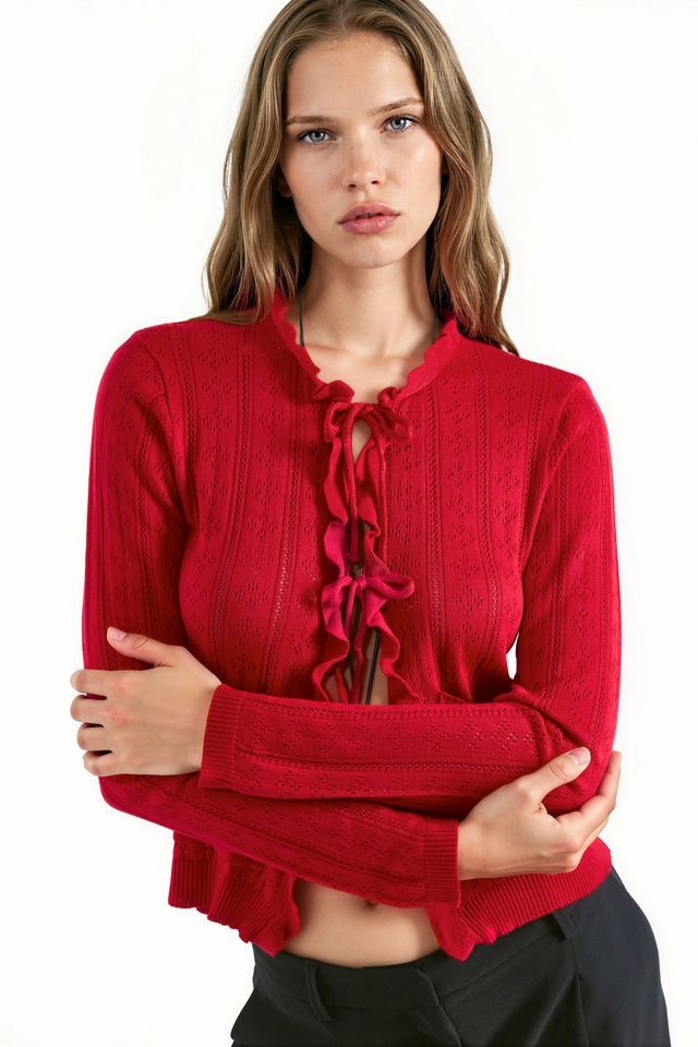 Ruffled Openwork Knit Cardigan with Special Yarn