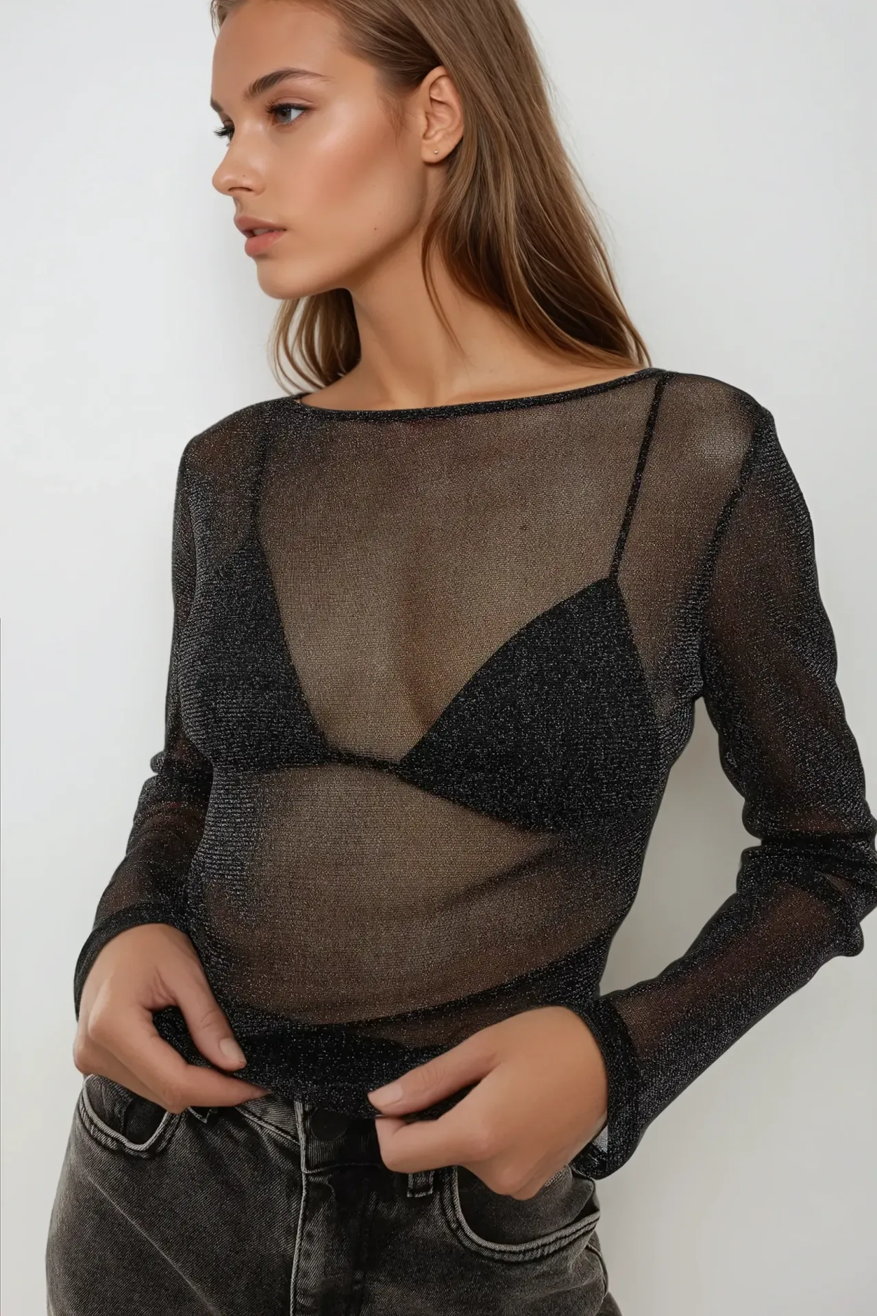 Glitter Long Sleeve Transparent Top