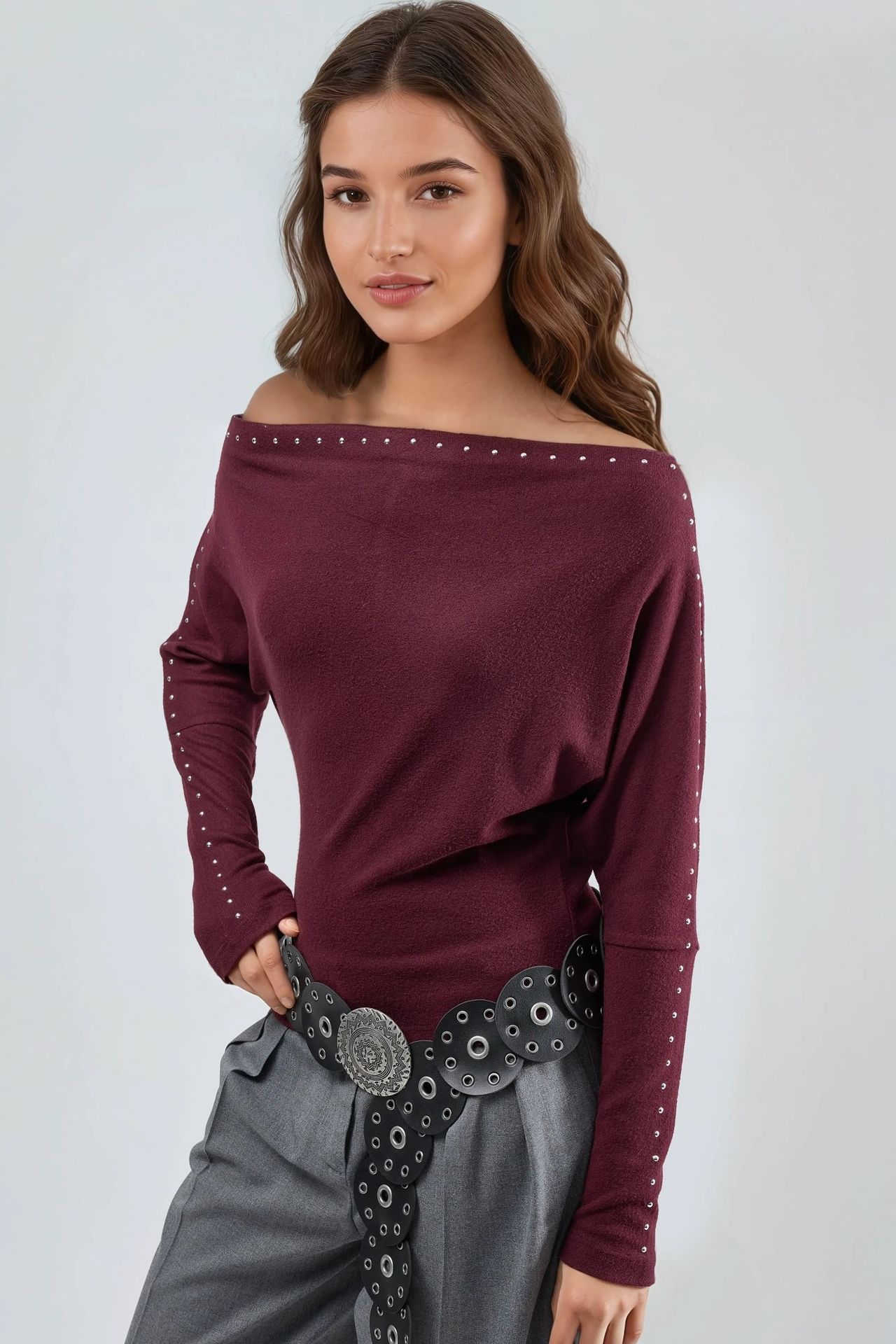 BUSEM Boat Neck Blouse with Stone Accessory 4