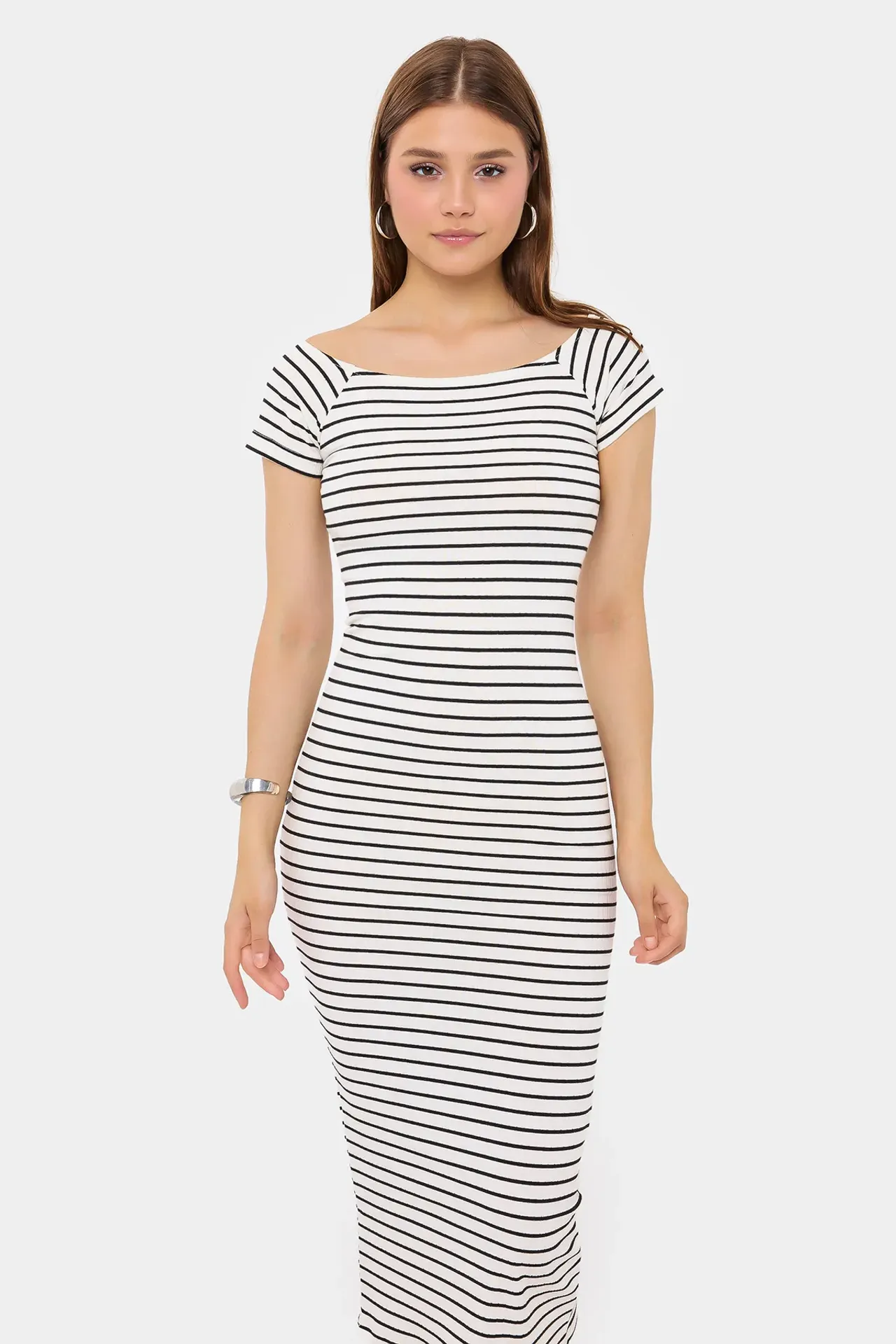 Striped Bodycon Midi Dress with Boat Neck