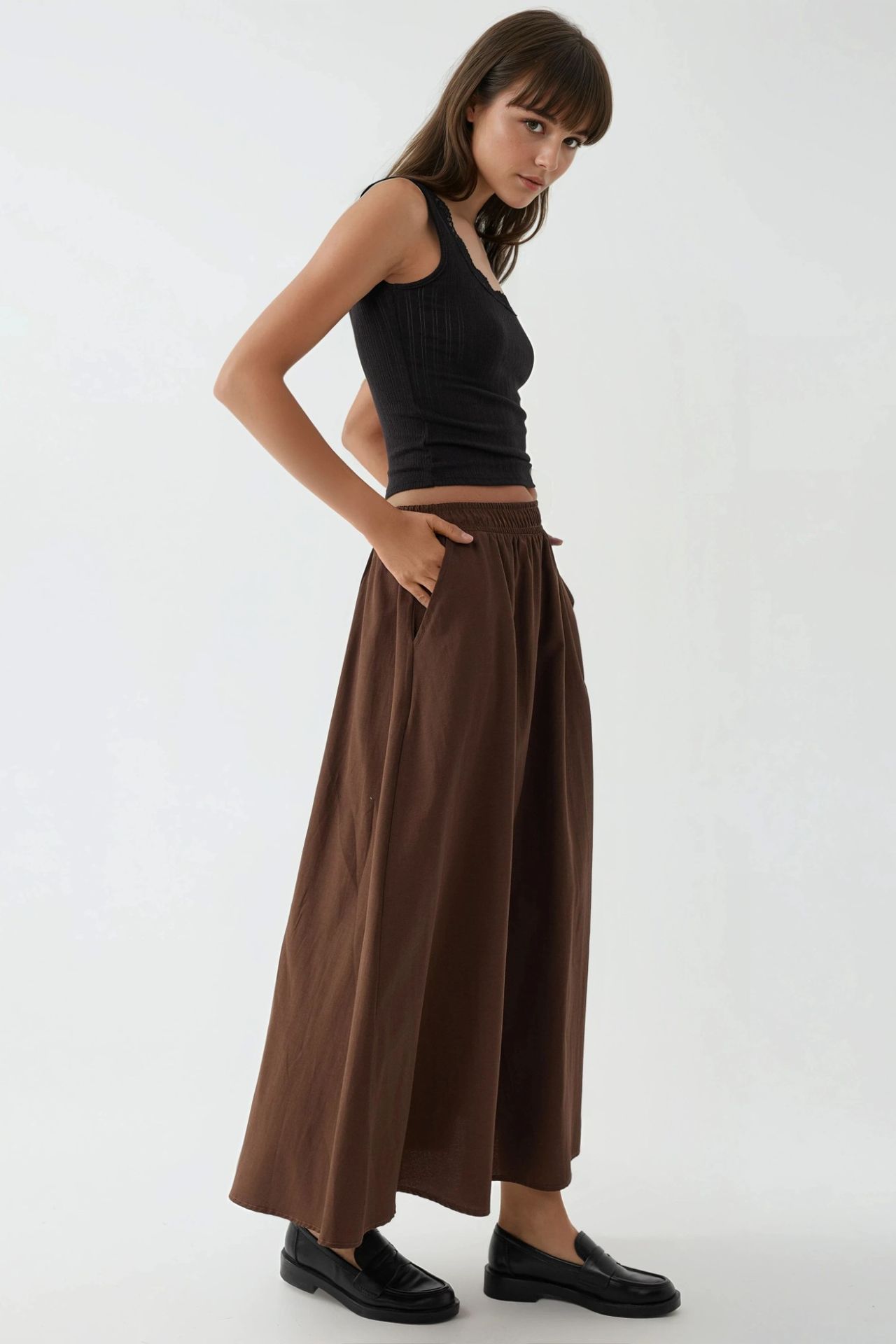 BUSEM Elastic Waist Midi Skirt with Pockets 2