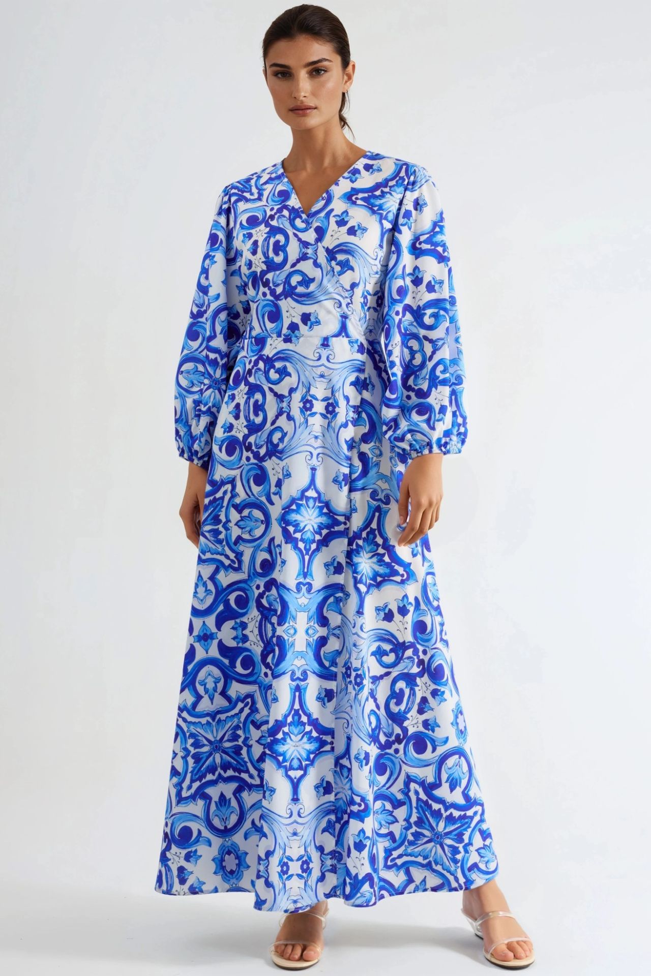 MSN Printed V-Neck Maxi Dress with Long Sleeves 7