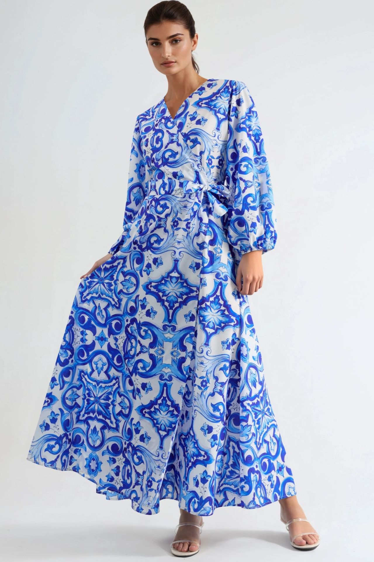 MSN Printed V-Neck Maxi Dress with Long Sleeves 1