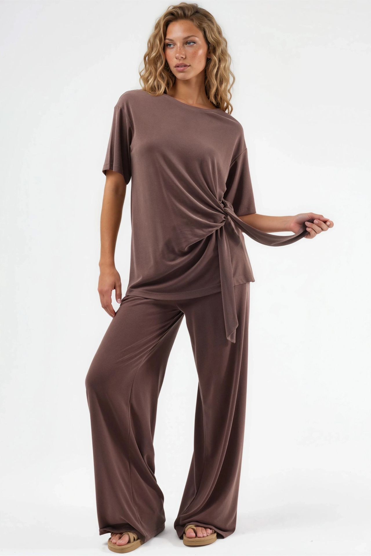 BUSEM Loose Fit Crew Neck Modal Blouse with Tie Detail 5
