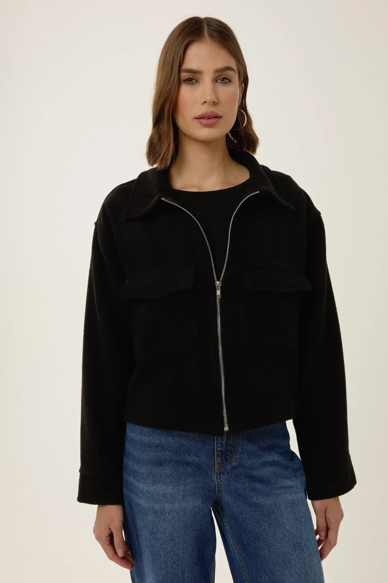 Zippered Jacket with Shirt Collar 3