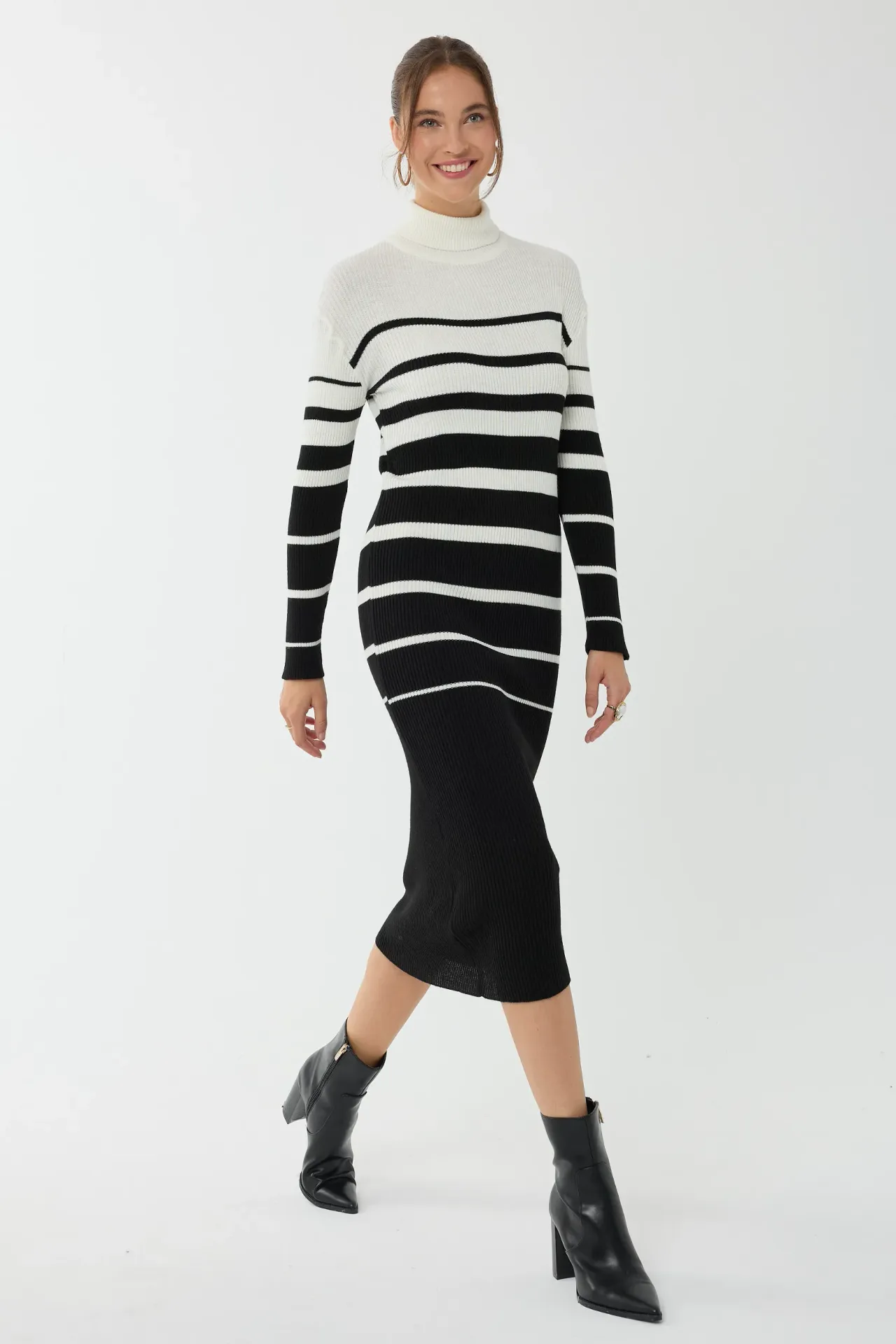 Striped Turtleneck Bodycon Midi Dress