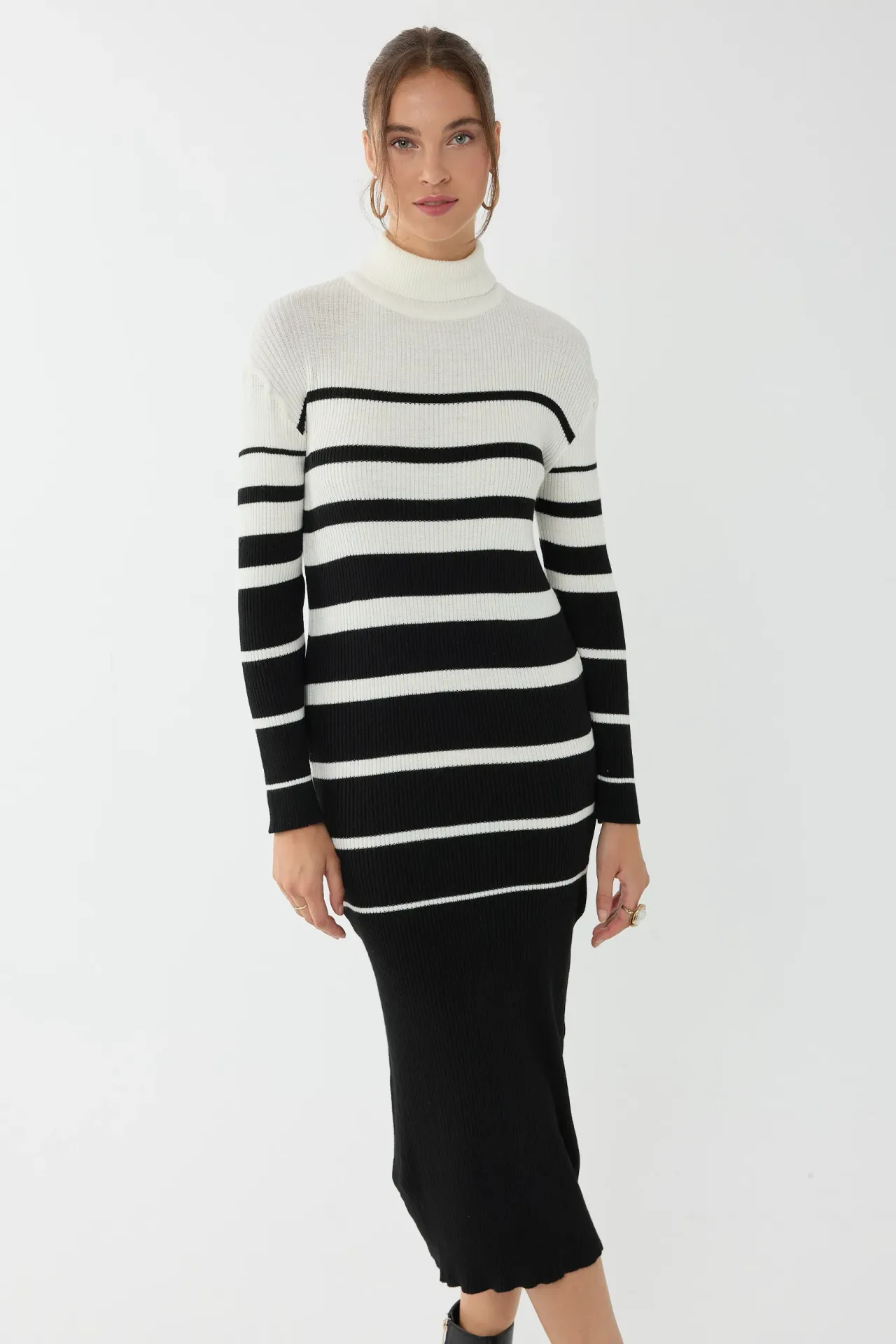 Striped Turtleneck Bodycon Midi Dress