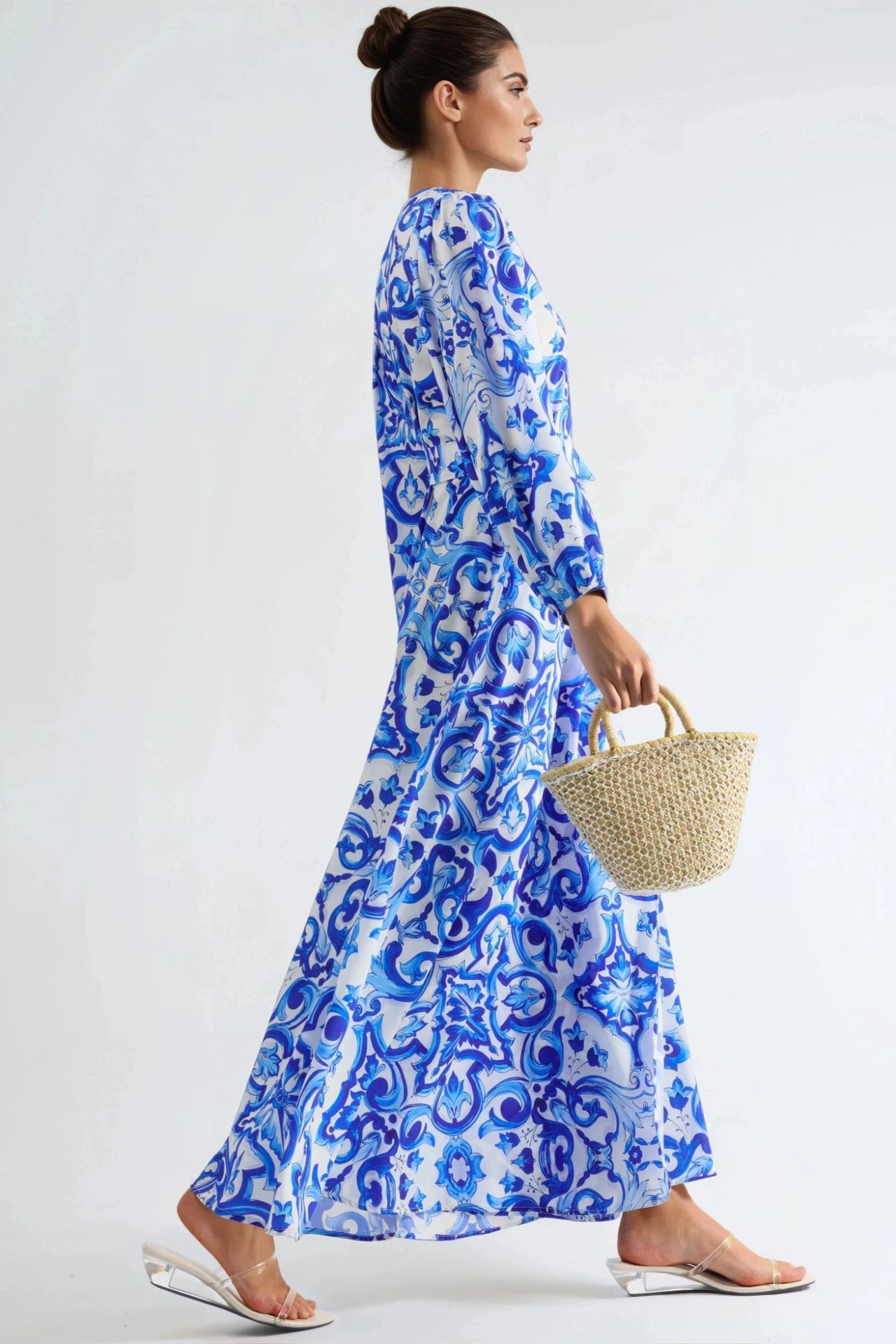 MSN Printed V-Neck Maxi Dress with Long Sleeves 2