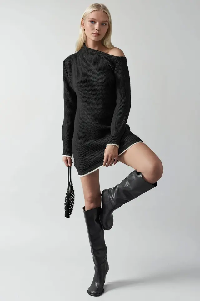 MY FASHION Asymmetrical Collar Ribbed Knit Dress