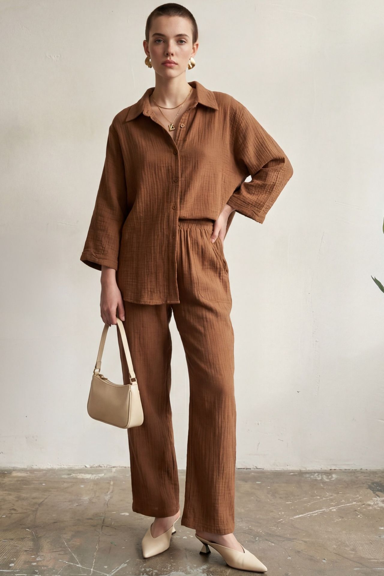 MY FASHION Muslin Fabric Two-Piece Set with Shirt & Pants 1