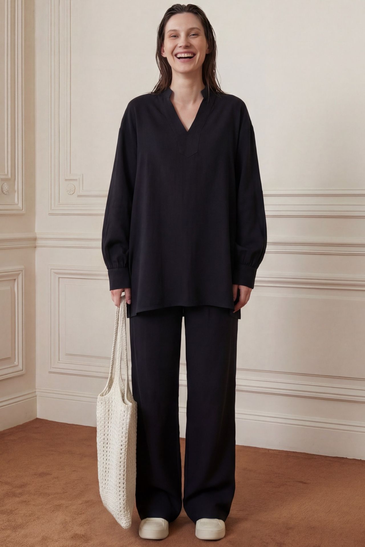 MY FASHION V-Neck Blouse & Wide Leg Pants Muslin Two-Piece Set 5