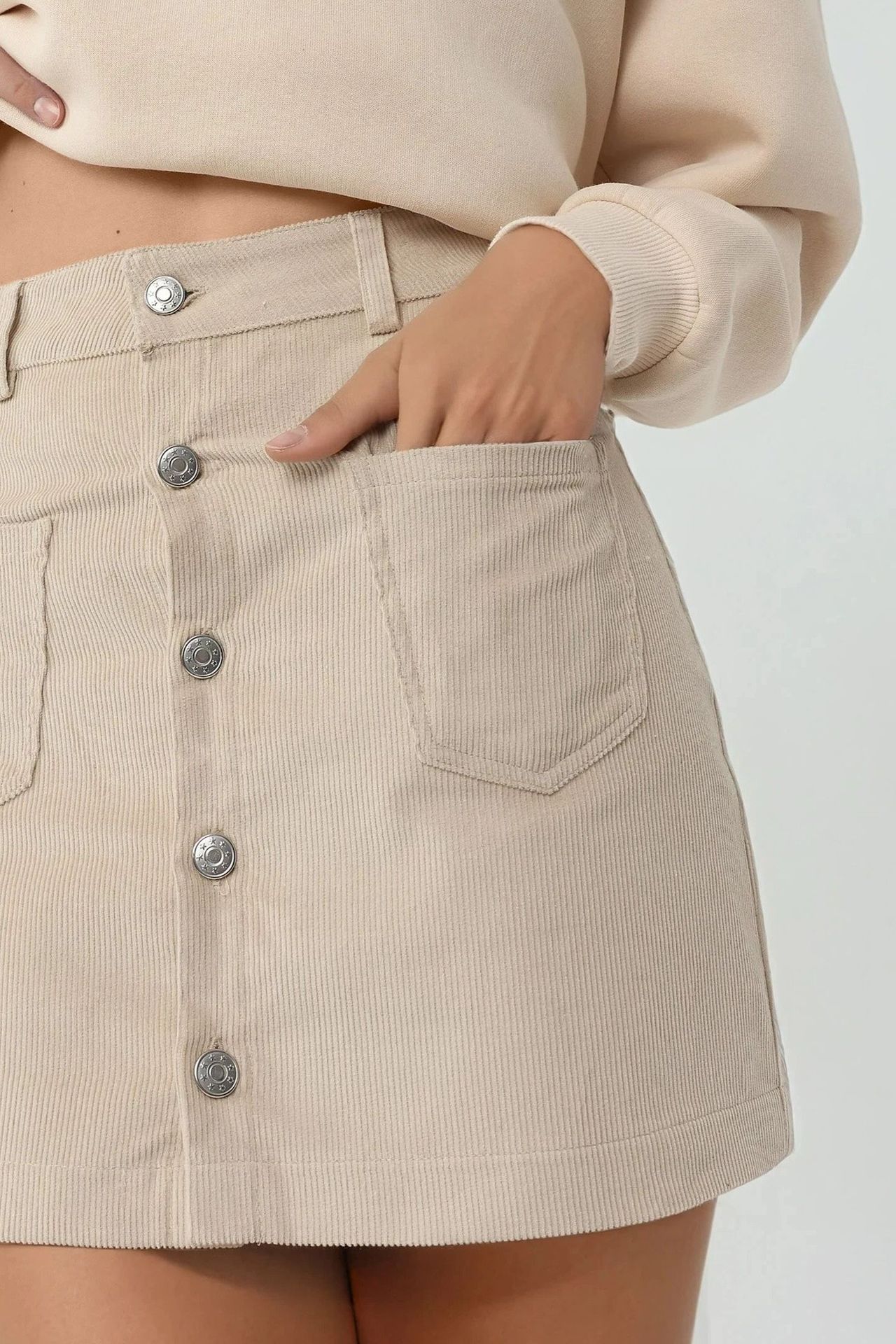 High Waist Straight Mini Skirt with Button Closure 2