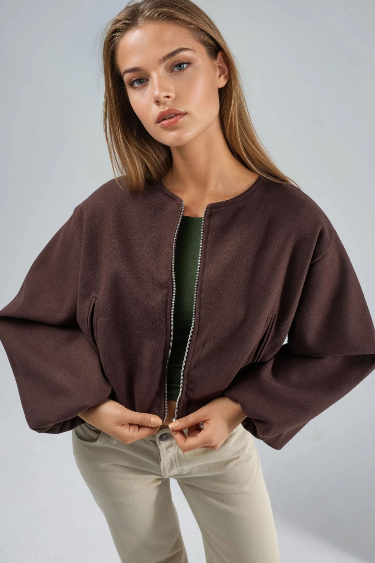 BUSEM Crop Gabardine Jacket with Zipper and Pocket 2