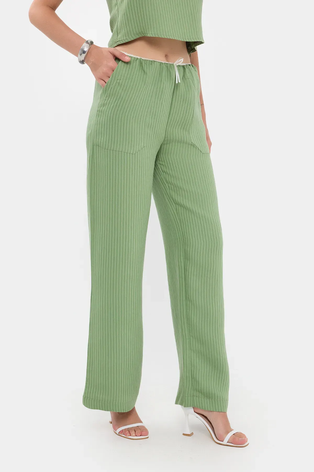 Striped High Waist Straight Leg Pajama Bottom with a Belt Detail 4