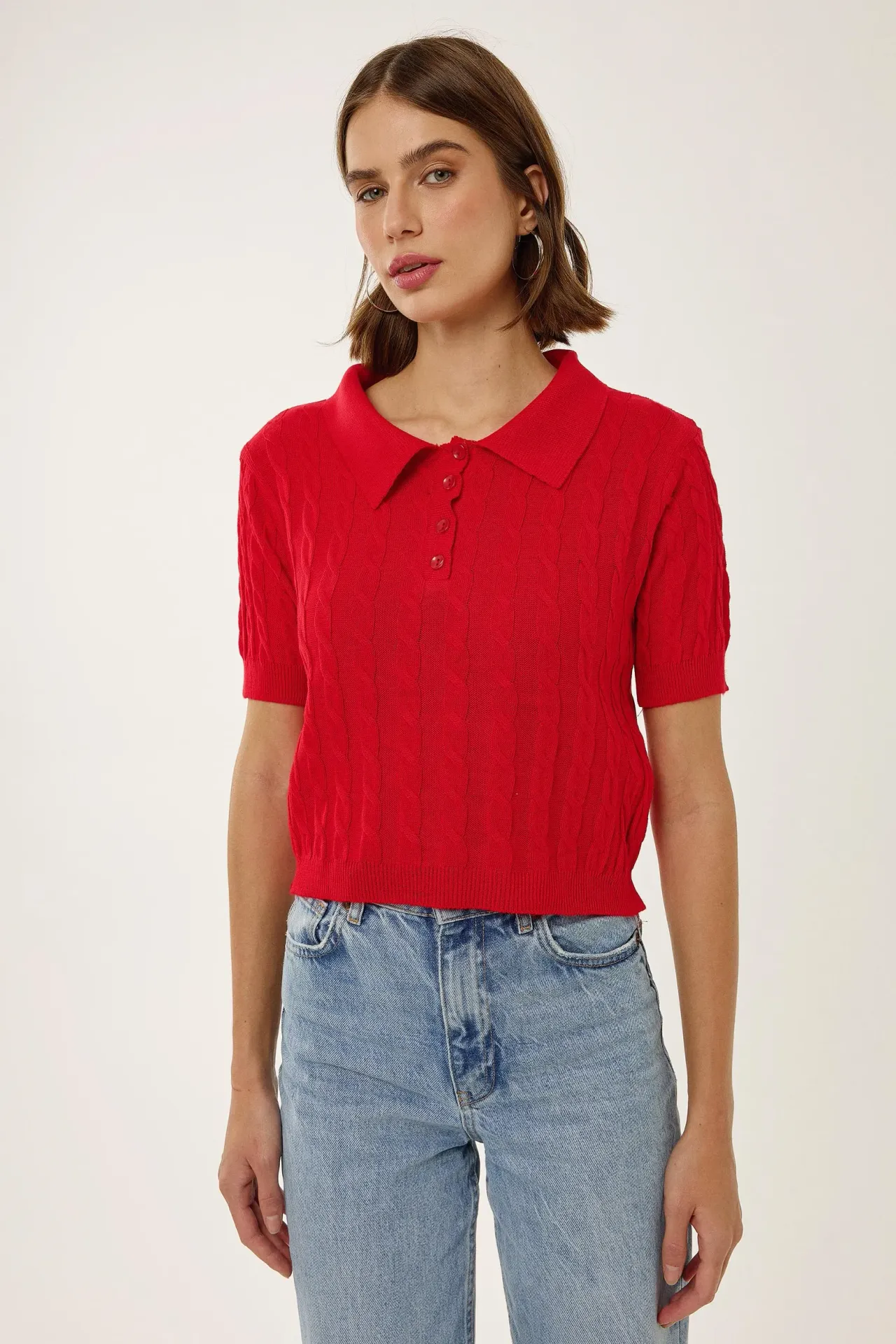 Shirt Collar Knit Top with Hair Braid Pattern