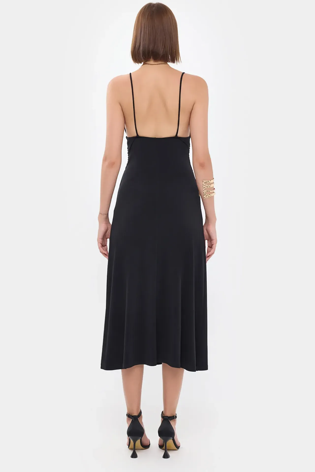 Ruched Plunge-Neck Midi Dress