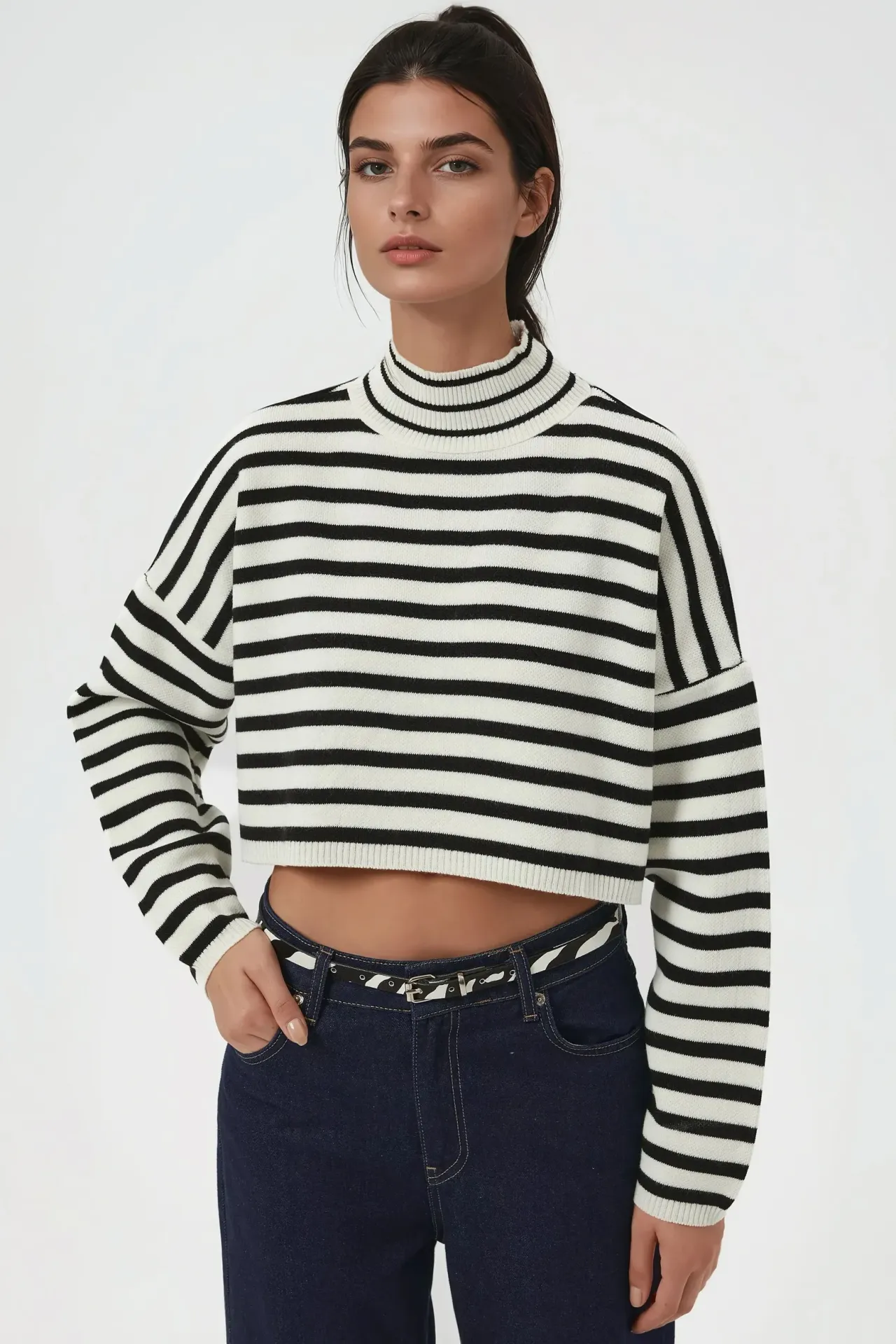 Striped Cropped Oversized Turtleneck Sweater 4