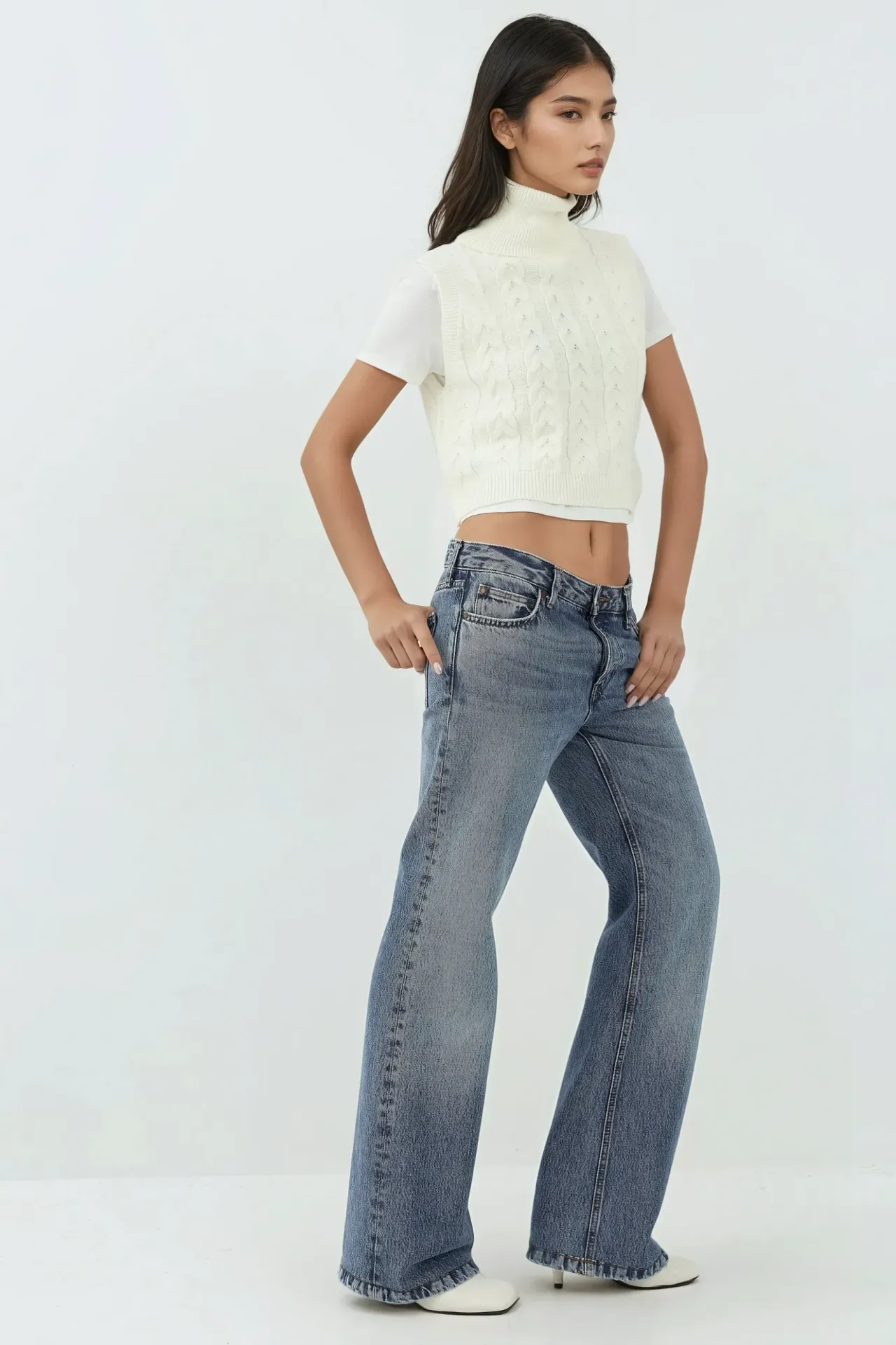 Turtleneck Knitwear Sweater Vest with Hair Braid Pattern 6