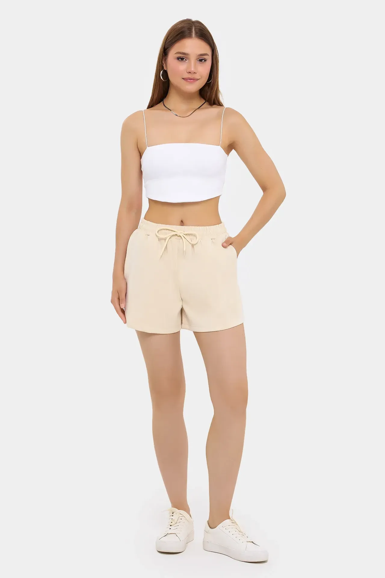High-Waist Woven Shorts with Drawstring