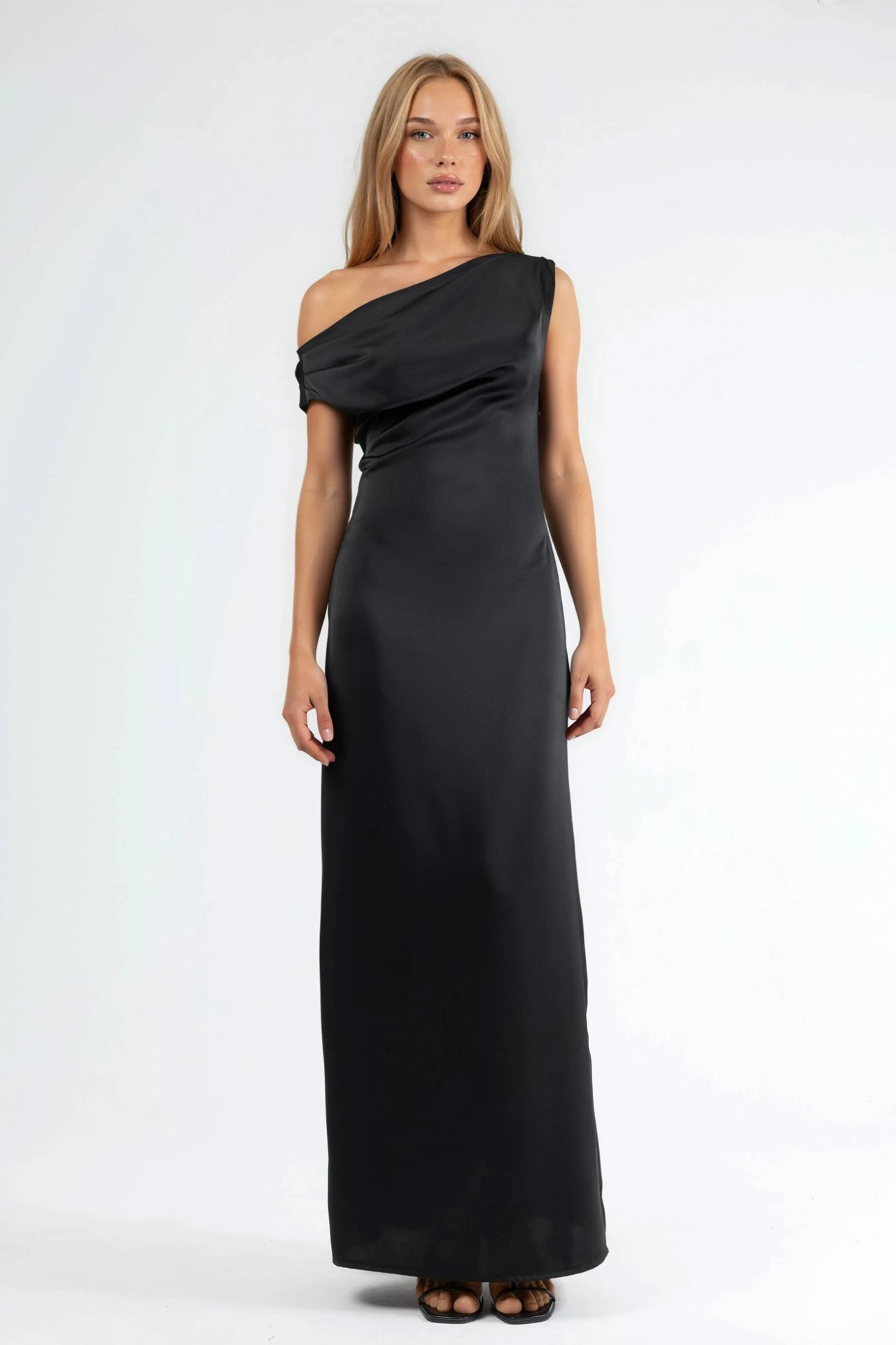 Asymmetrical Collar Bodycon Satin Maxi Dress 8