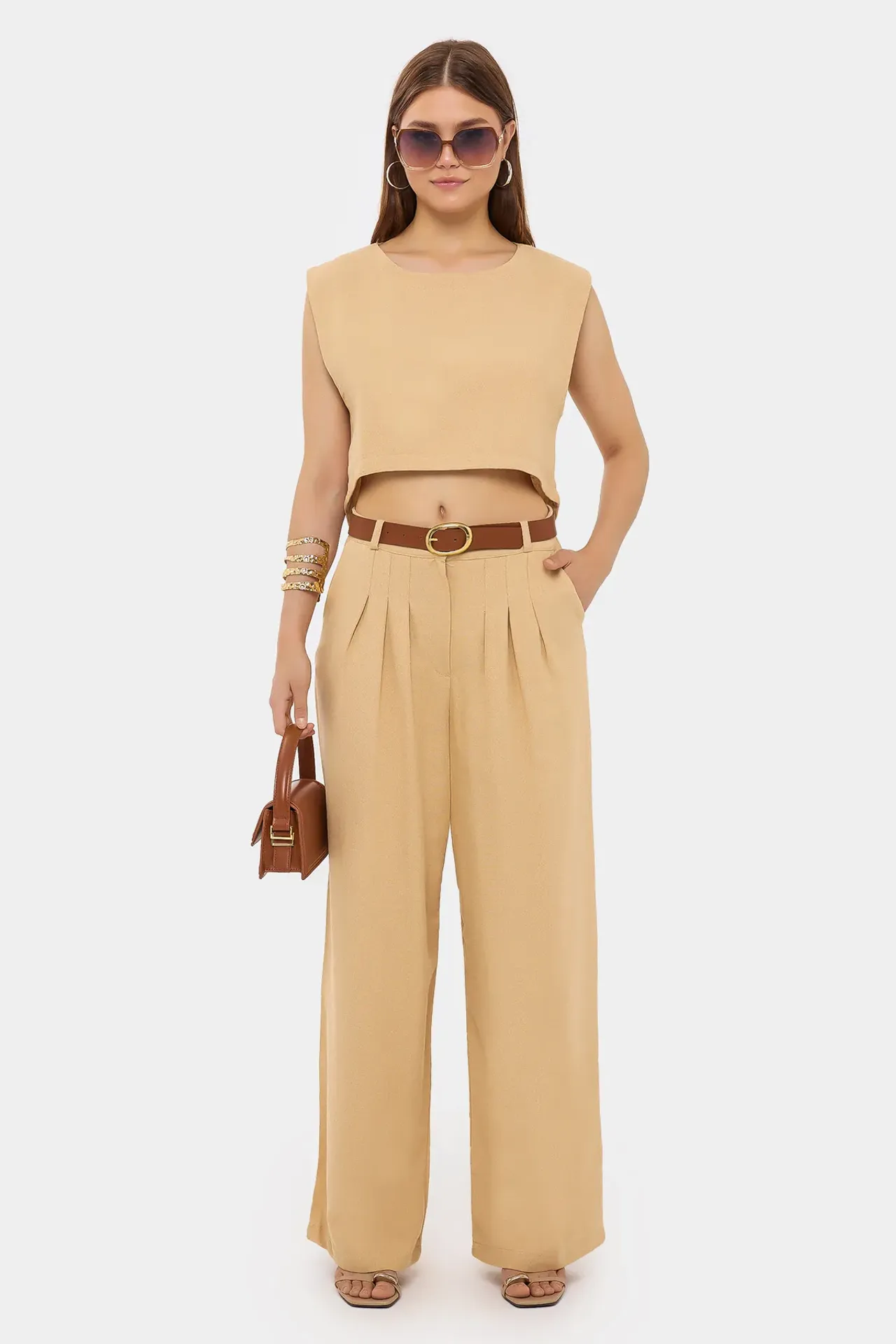 Round Neck Sleeveless Co-ord Set with Belt Detail