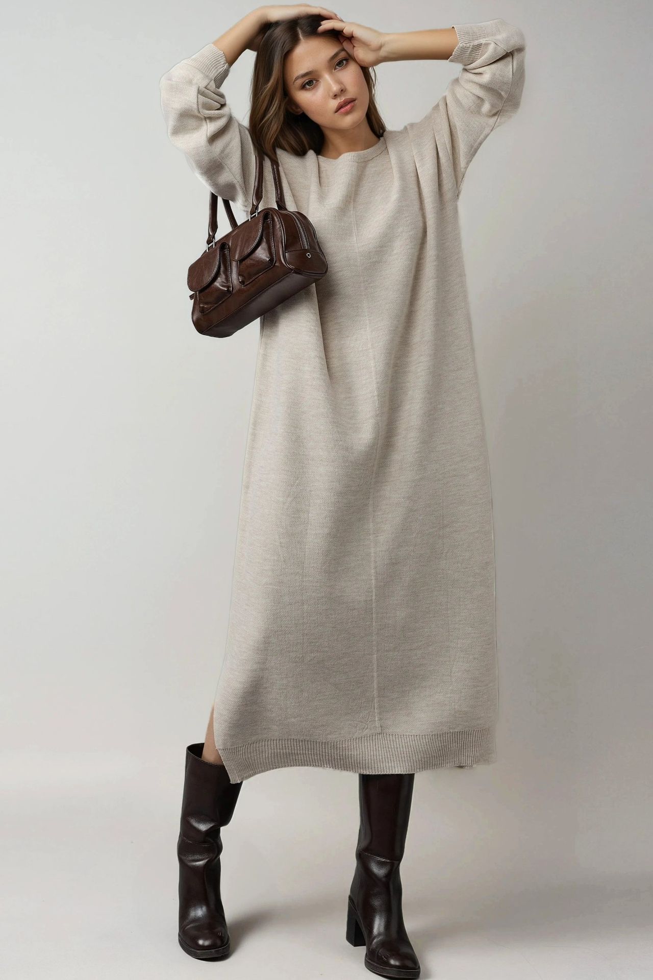MY FASHION Textured Ribbed Long Knit Dress with Slit Detail 2