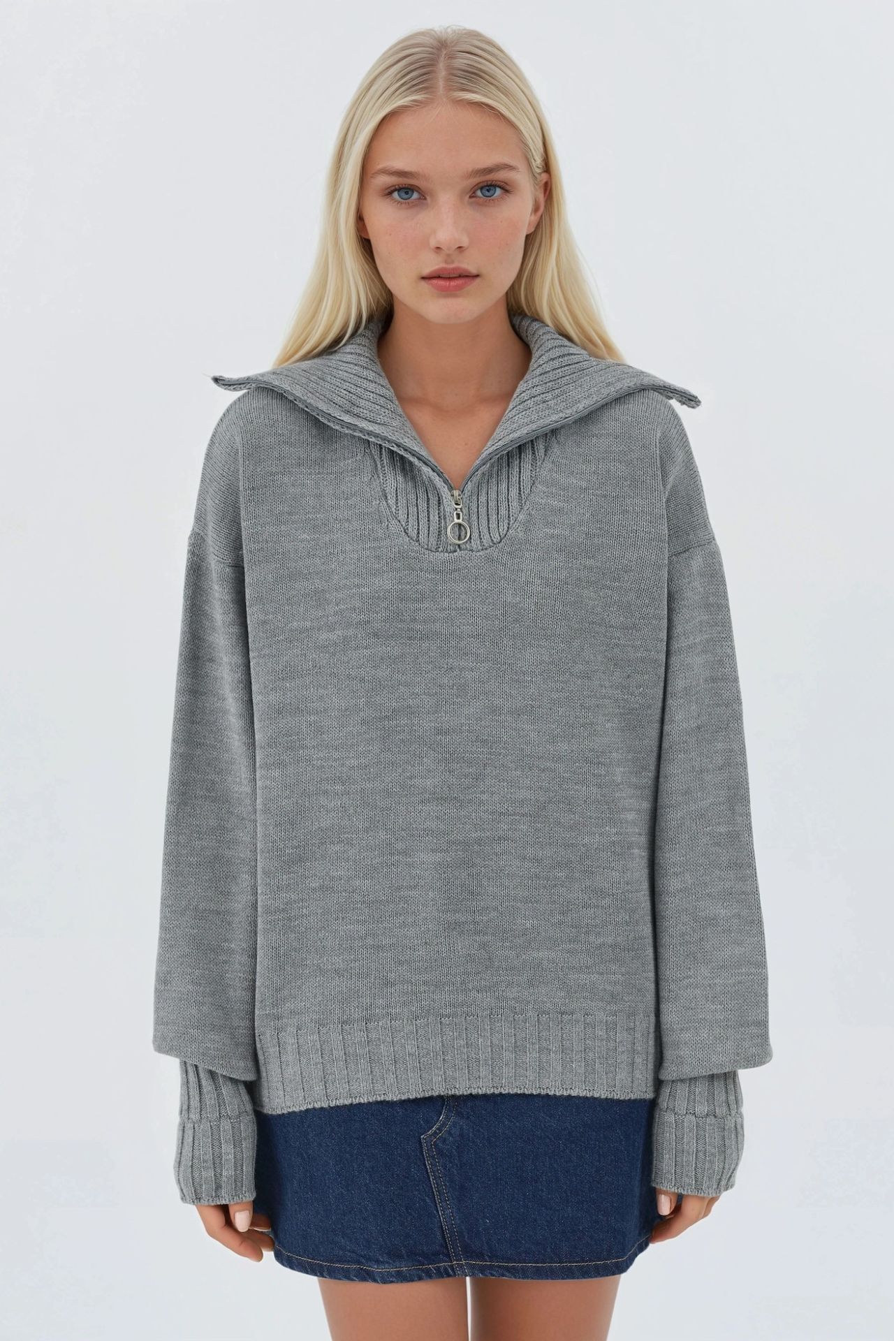 MY FASHION Oversized Ribbed Knit Sweater with Zipper Collar 5