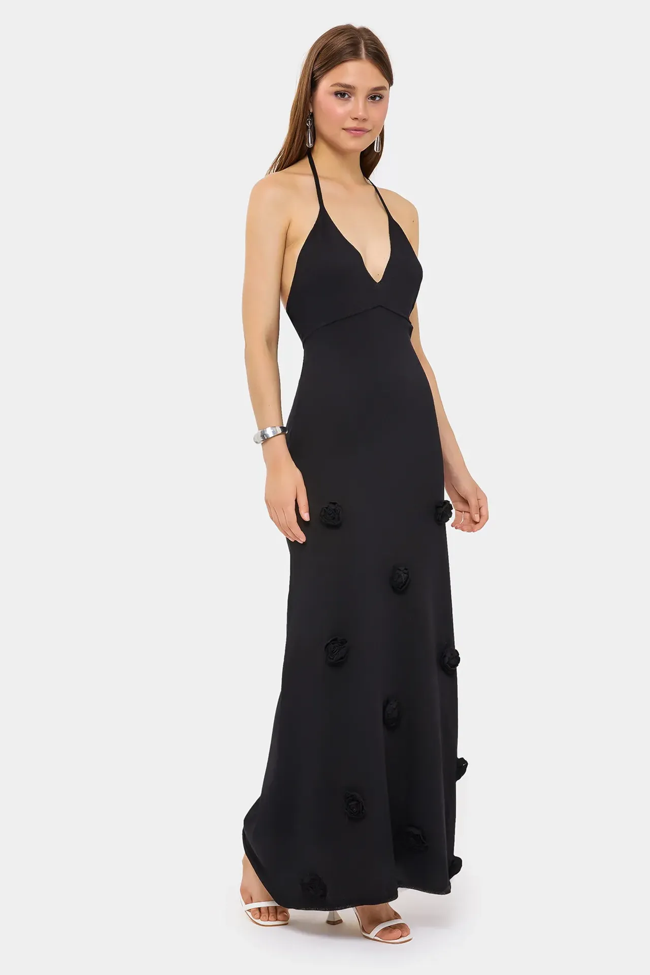 Strappy V-Neck Maxi Dress with Open Back and Flower Detail