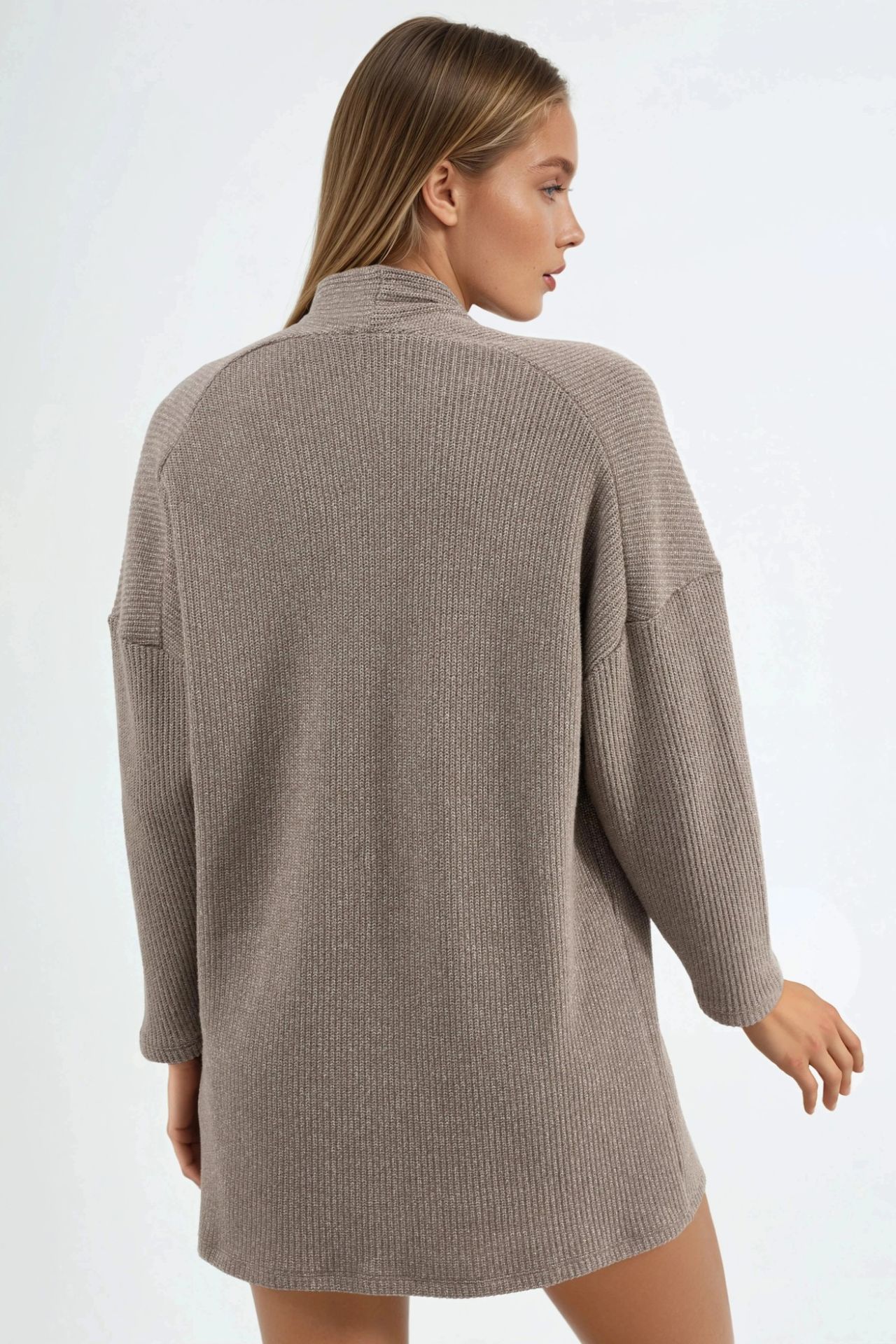 BUSEM Long Ribbed Knit Cardigan with Open Collar 3
