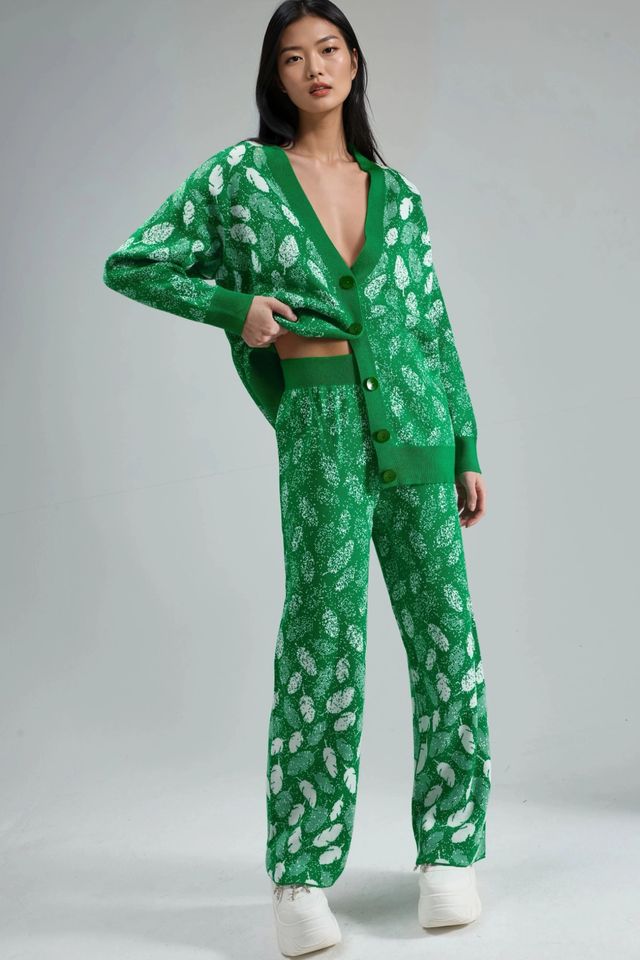 MY FASHION V-Neck Jacquard Knit Cardigan and Wide Leg Pants Set