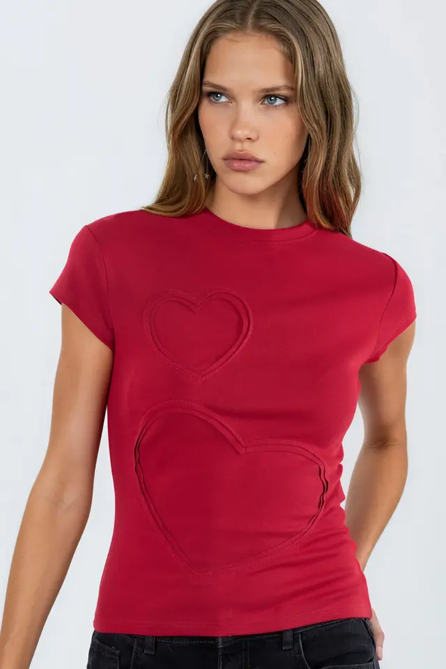 BUSEM Embroidered Heart Print Crew Neck T-Shirt