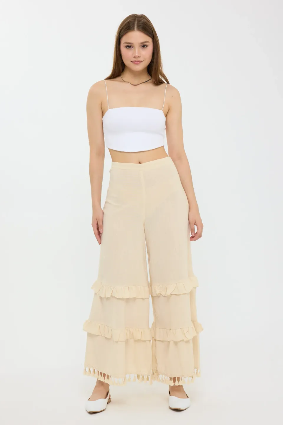 High-Waist Wide-Leg Linen Trousers with Tassel-Hem