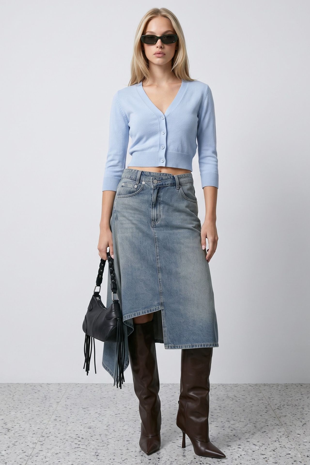 Asymmetric Wash Effect Denim Midi Skirt 5