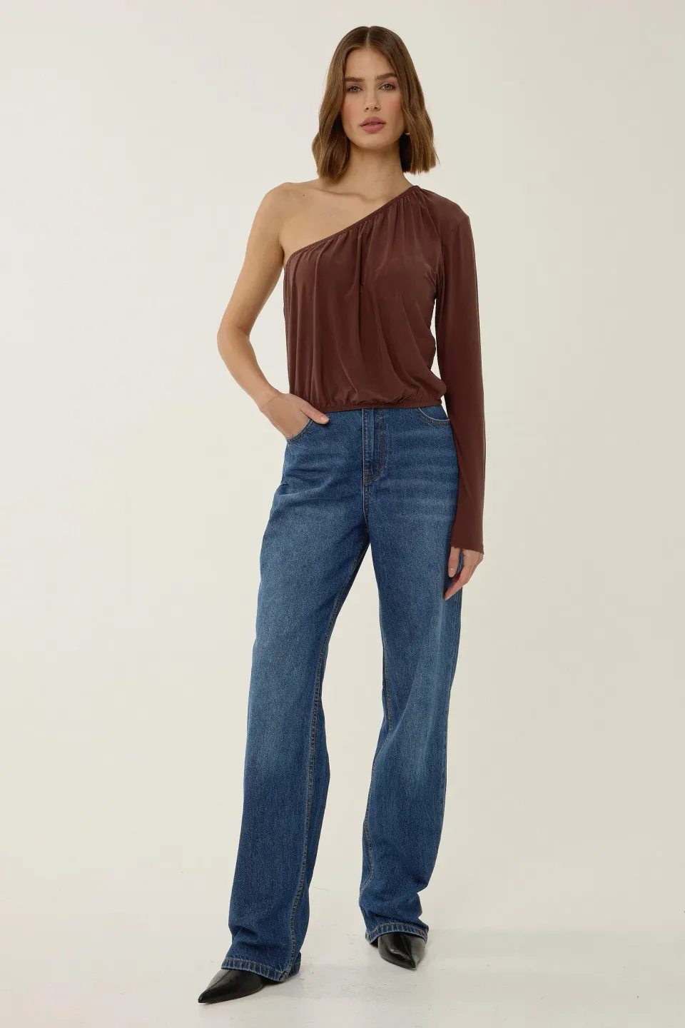 Asymmetrical Neck Gathered Blouse