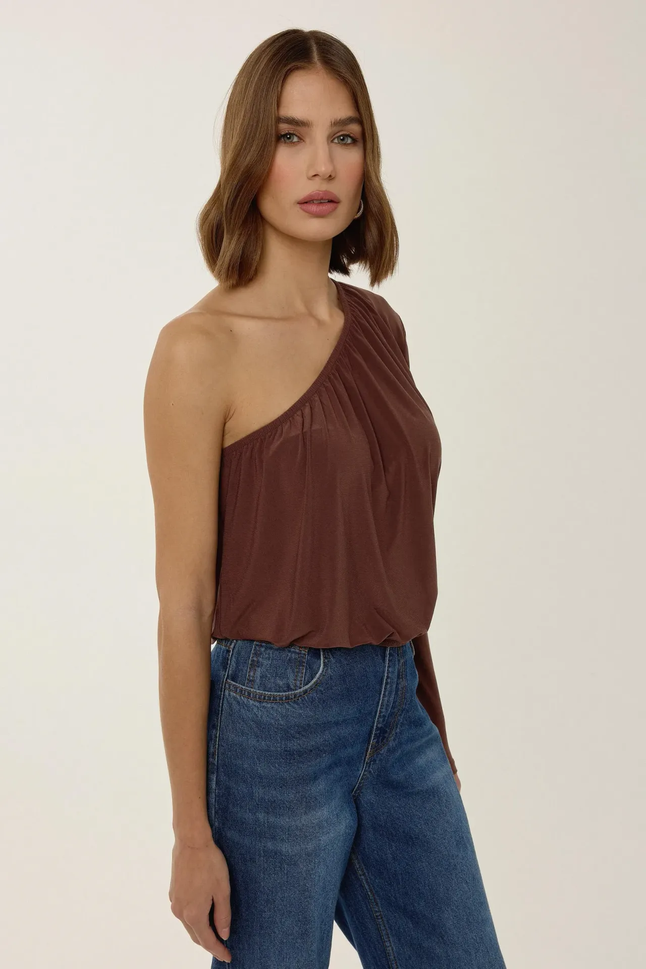 Asymmetrical Neck Gathered Blouse