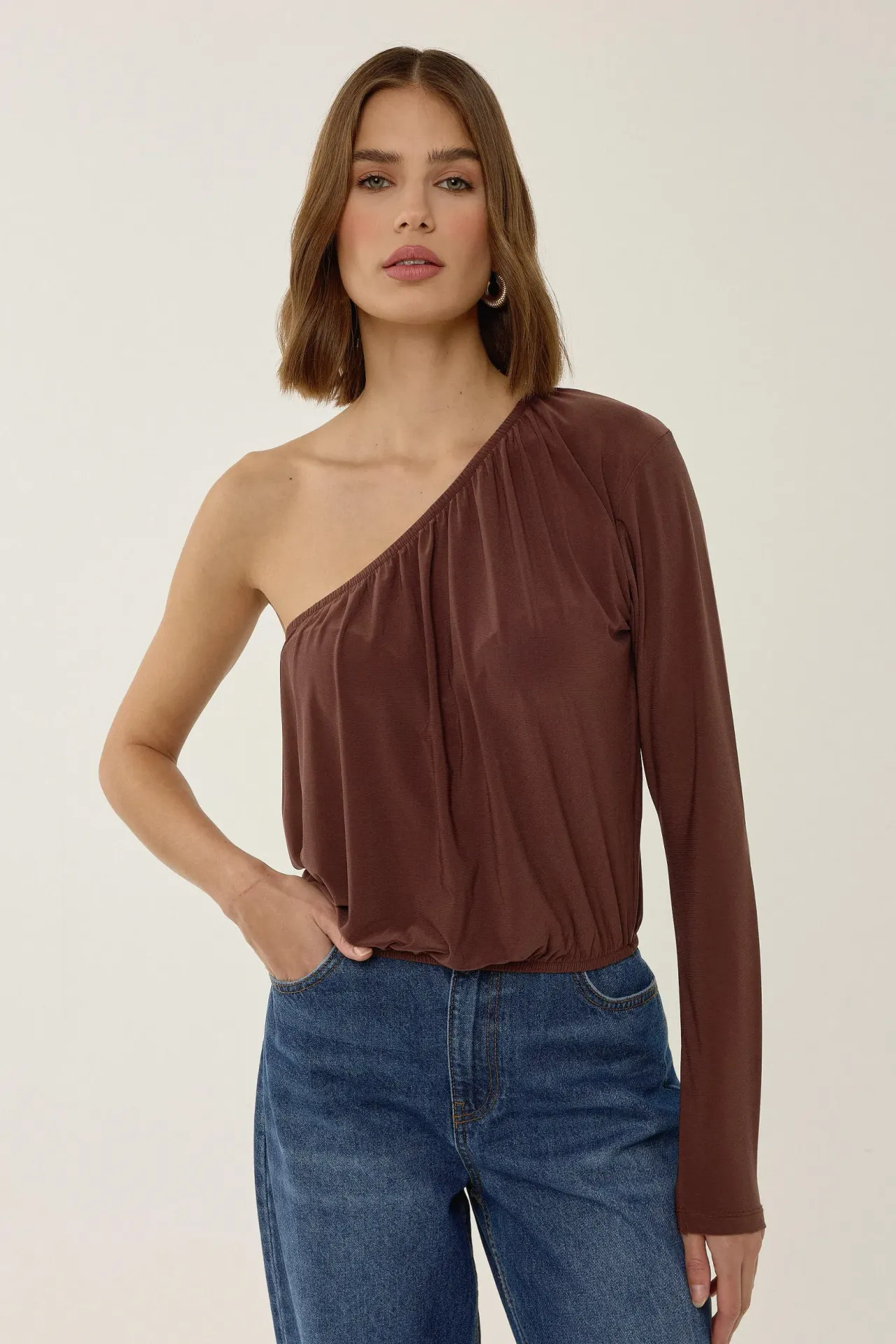 Asymmetrical Neck Gathered Blouse