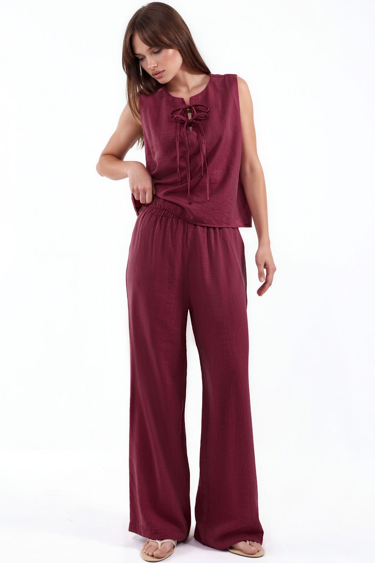 Viscose Blend Blouse with Tie Detail & Elastic Waist Pants Set 1
