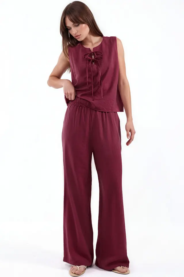 Viscose Blend Blouse with Tie Detail & Elastic Waist Pants Set