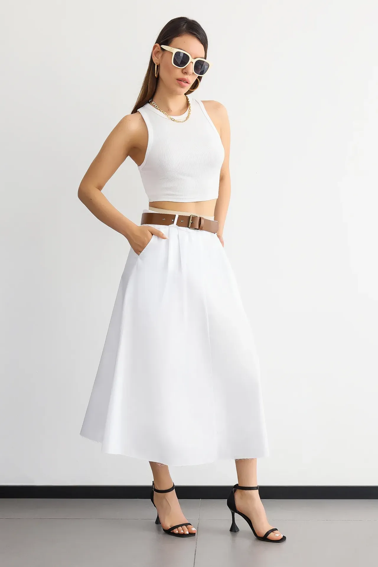 Belt-Detailed High-Waist Cotton Midi Skirt