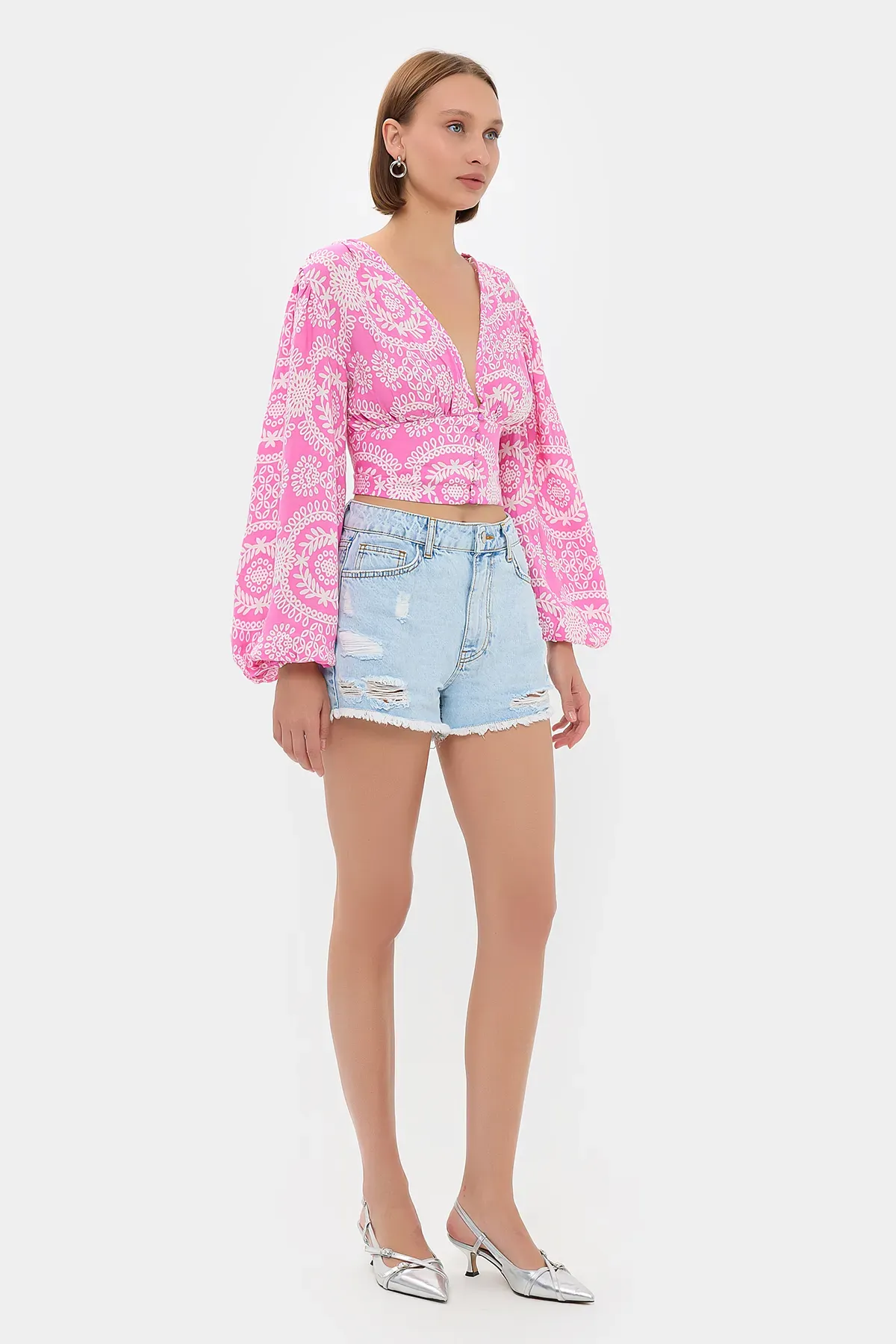 Soyut V Yaka Balon Kollu Bohem Crop Top 3