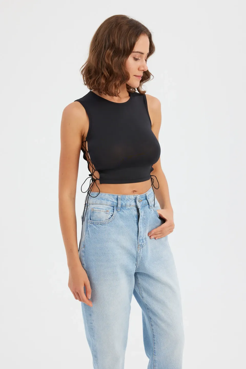 Woven Round Neck Sleeveless Cropped Tank Top with Side Cut-Out