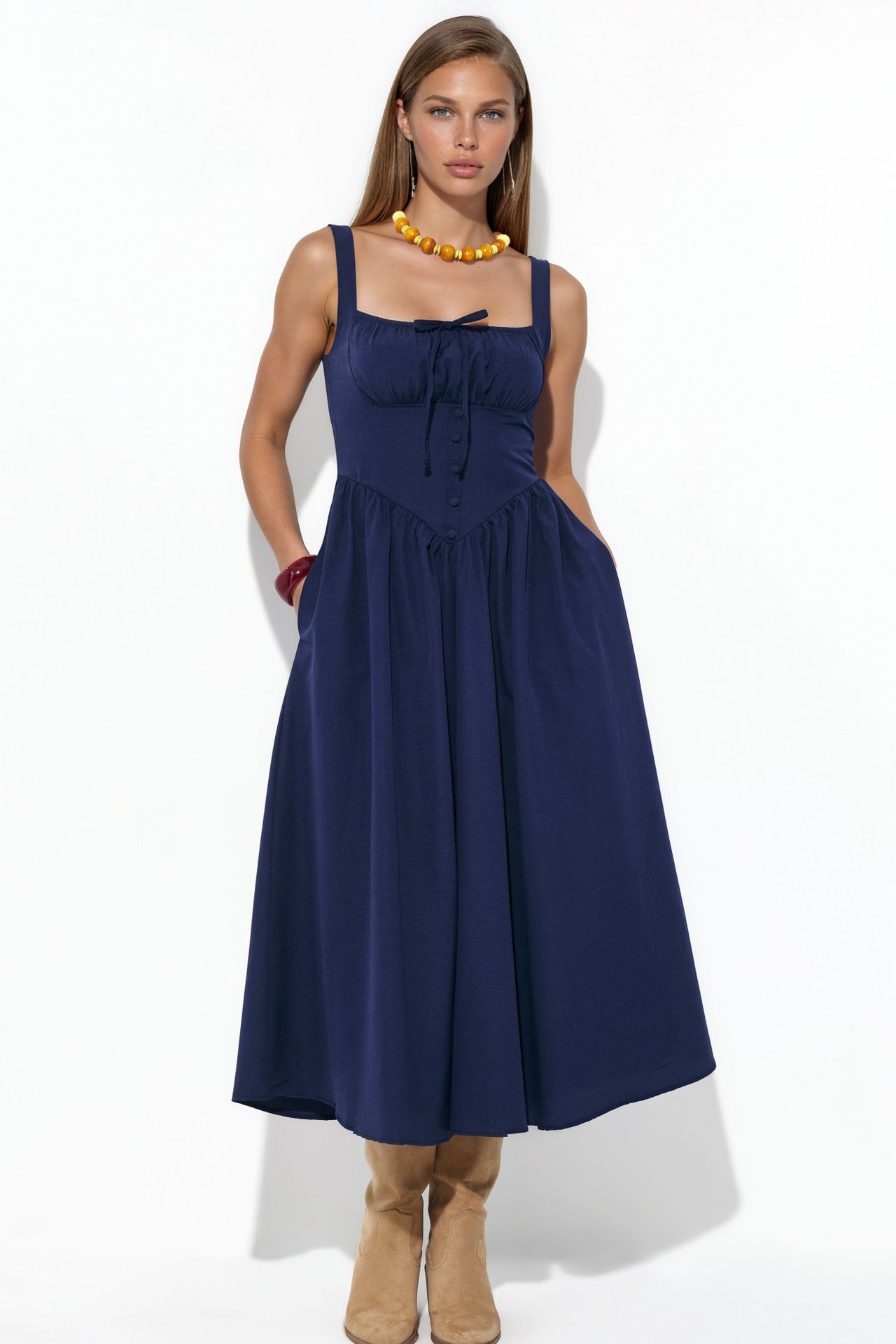 BUSEM Midi Dress with Square Collar and Button Detail 1