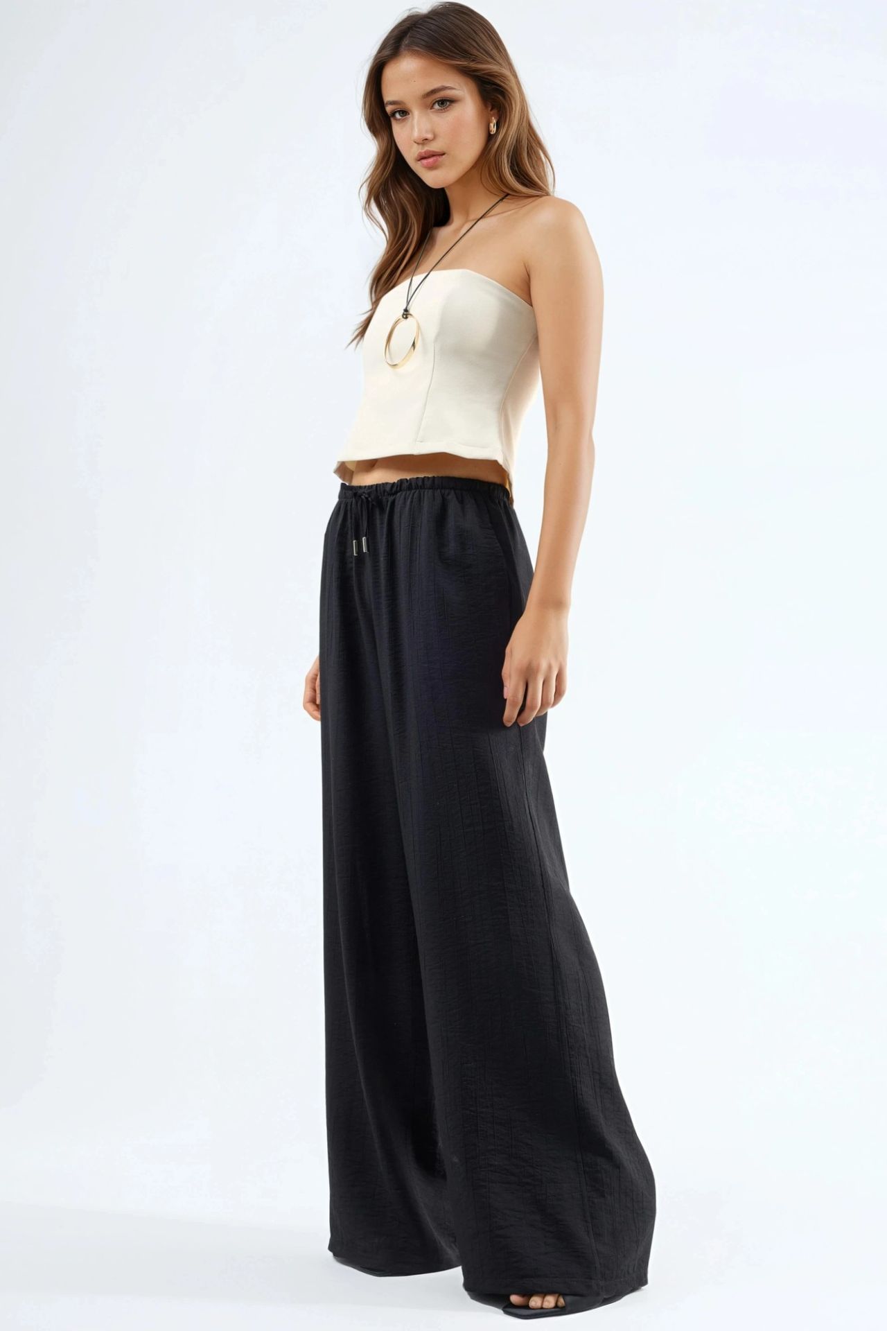 BUSEM Wide Leg Drawstring Waist Pants with Pockets 2
