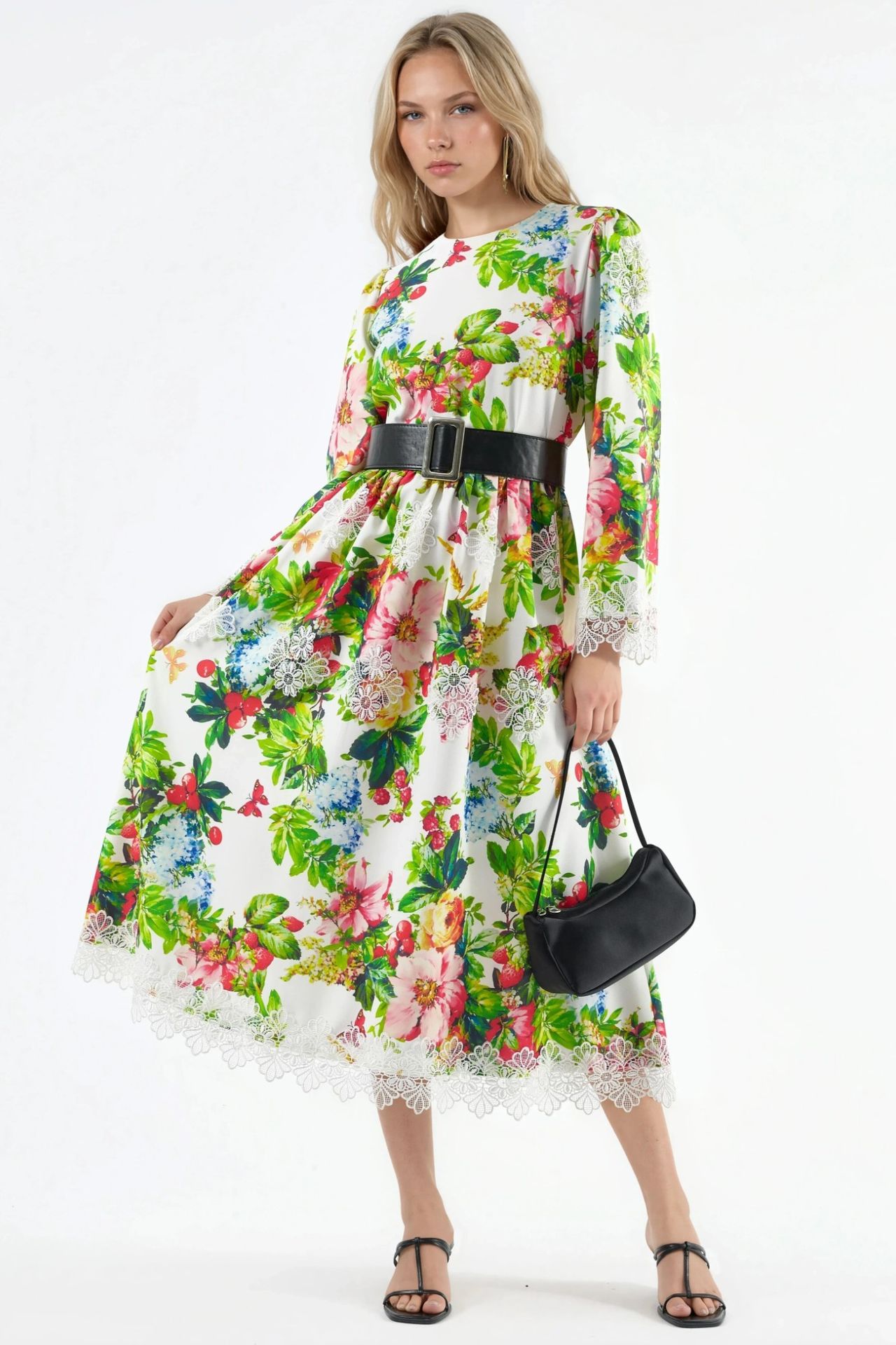 MSN Floral Belted A-Line Midi Dress 1